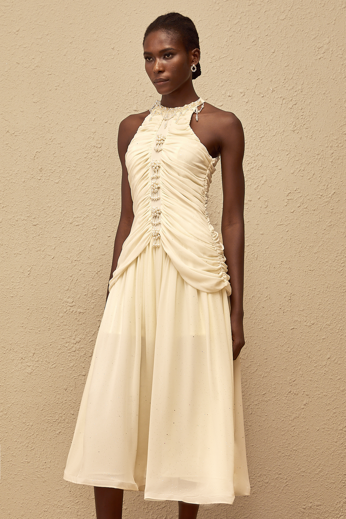 【PERVERZE】Pressed Knit Head Dress Martha White Faux Pearl Ruched Midi Dress