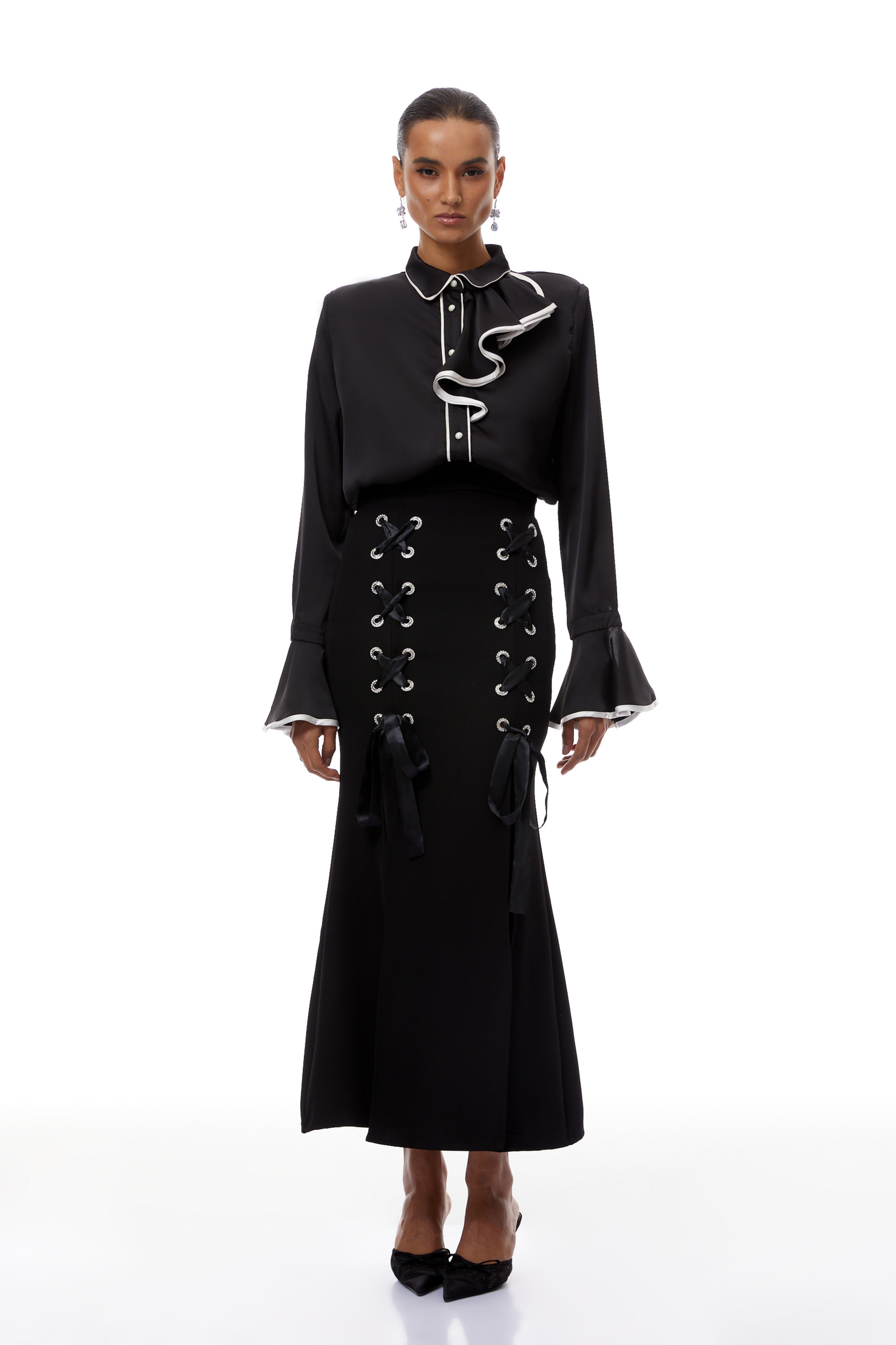 Cornelia Black Ruffled Blouse & Lace Up Skirt Set