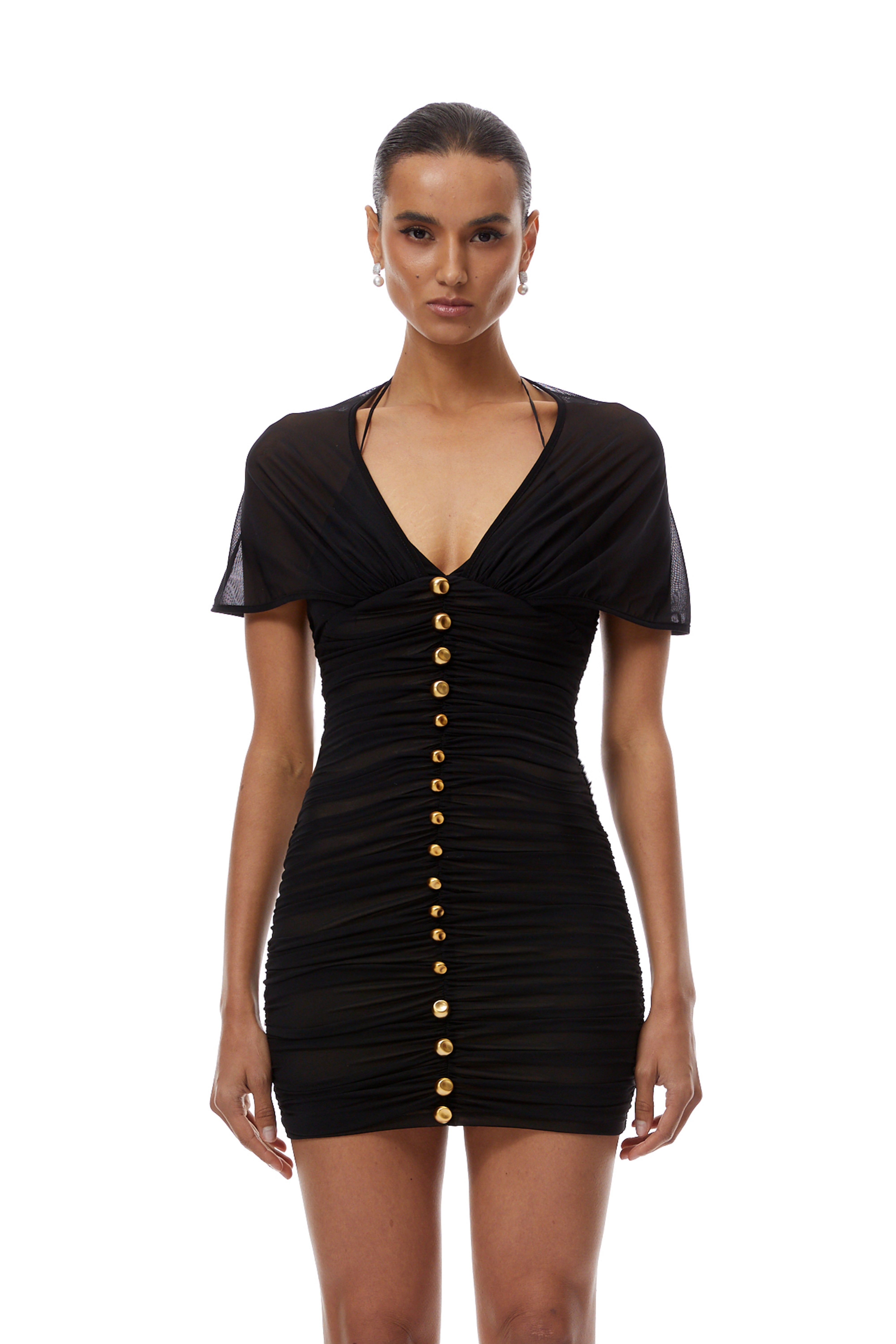 Evangeline Black Cape Ruched Mini Dress