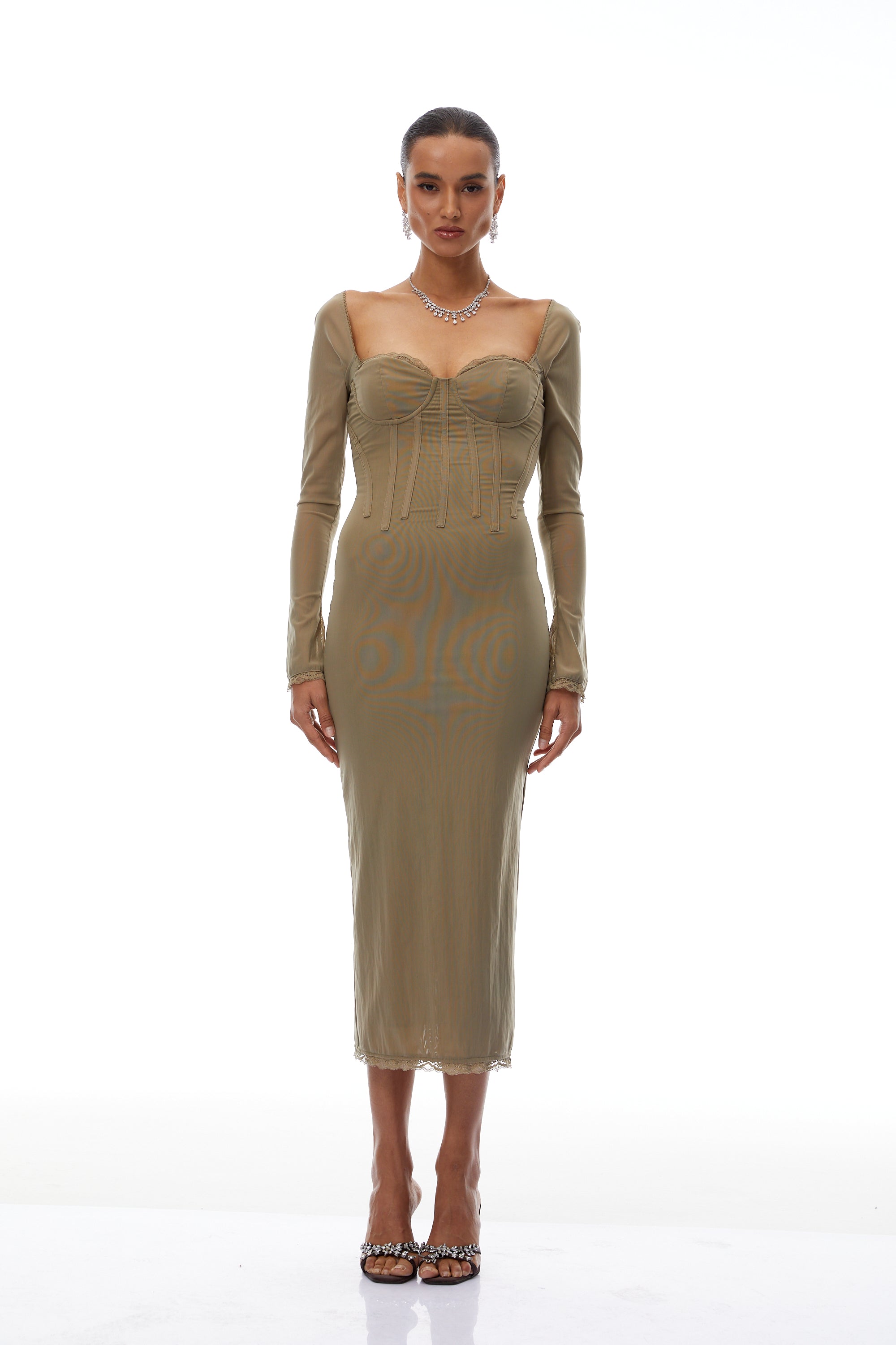 Mariann Olive Green Lace Trim Midi Dress (Final Sale)