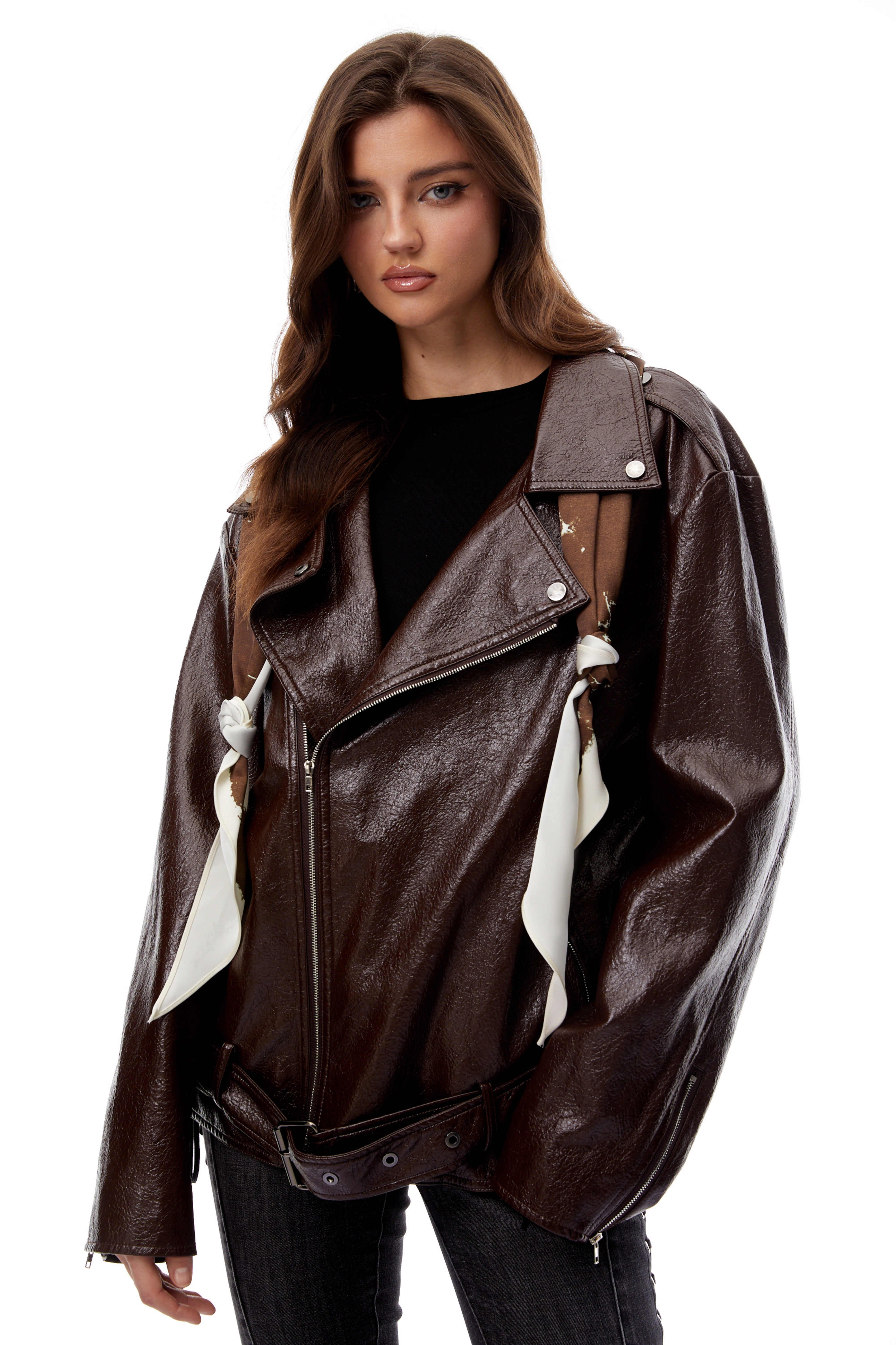 Lederjacke mit Schaldetails in Briar Chestnut