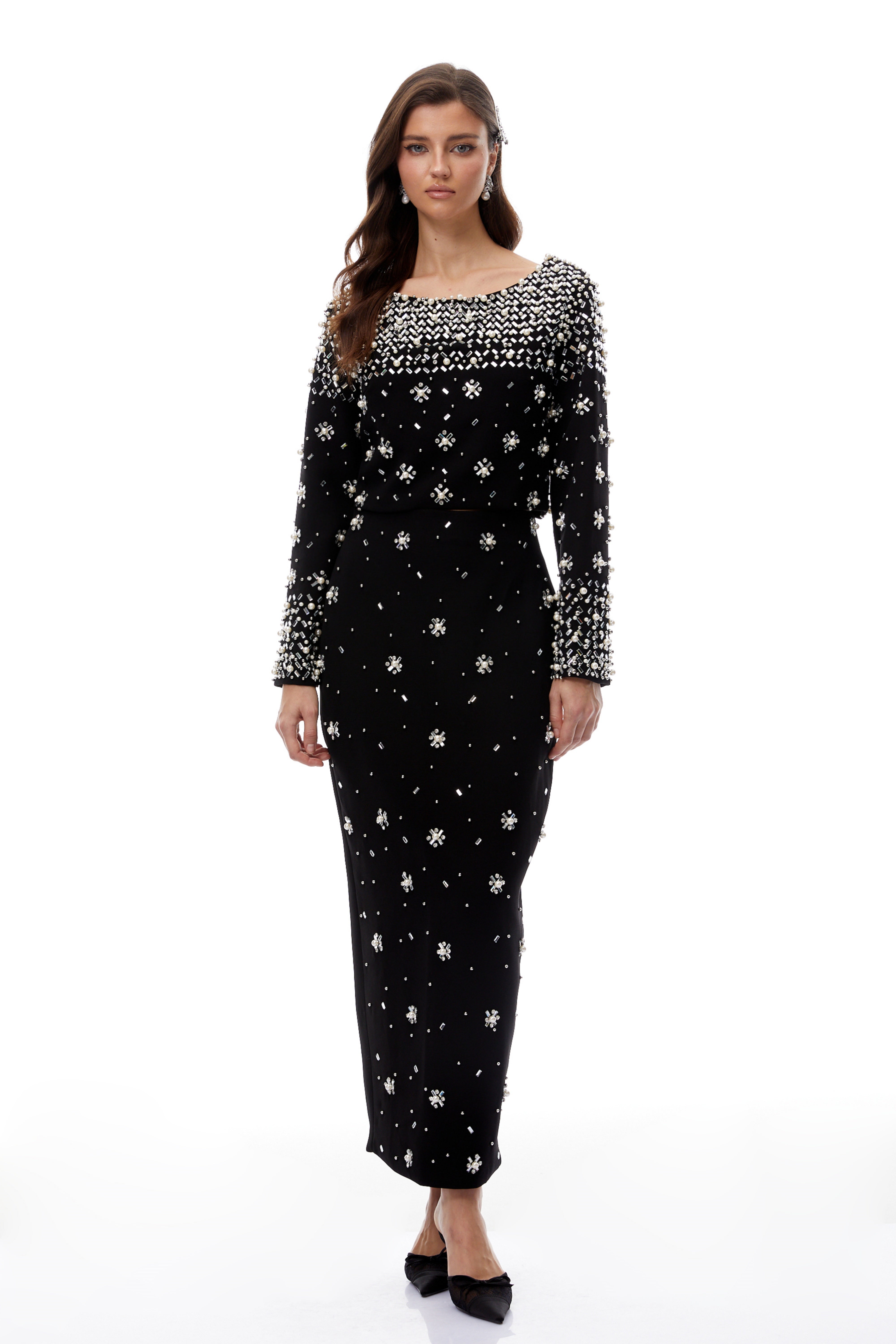 Denise Black Fully Embellished Blouse & Skirt Set