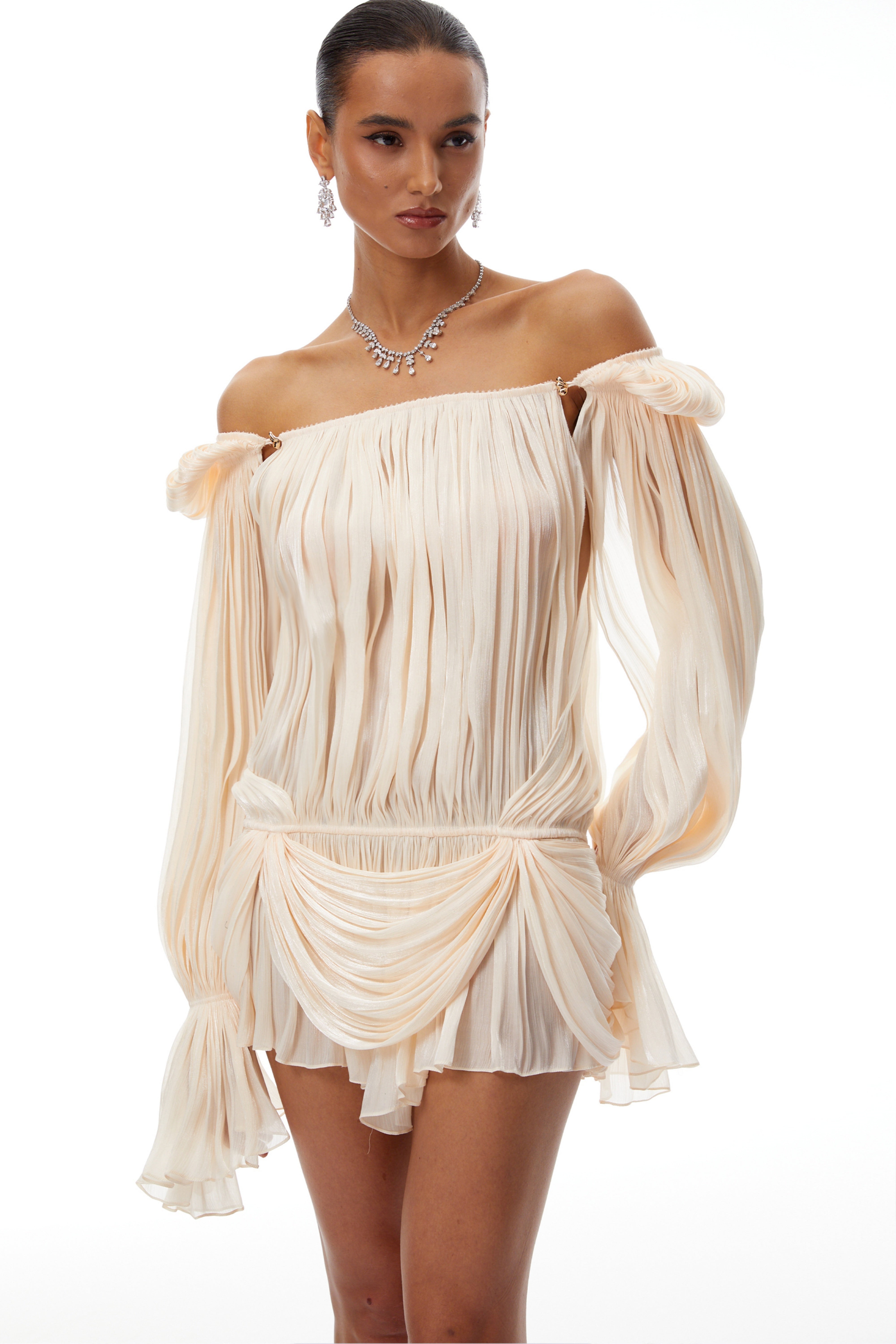 Halvard Neutrals Pleated Ruffled Mini Dress