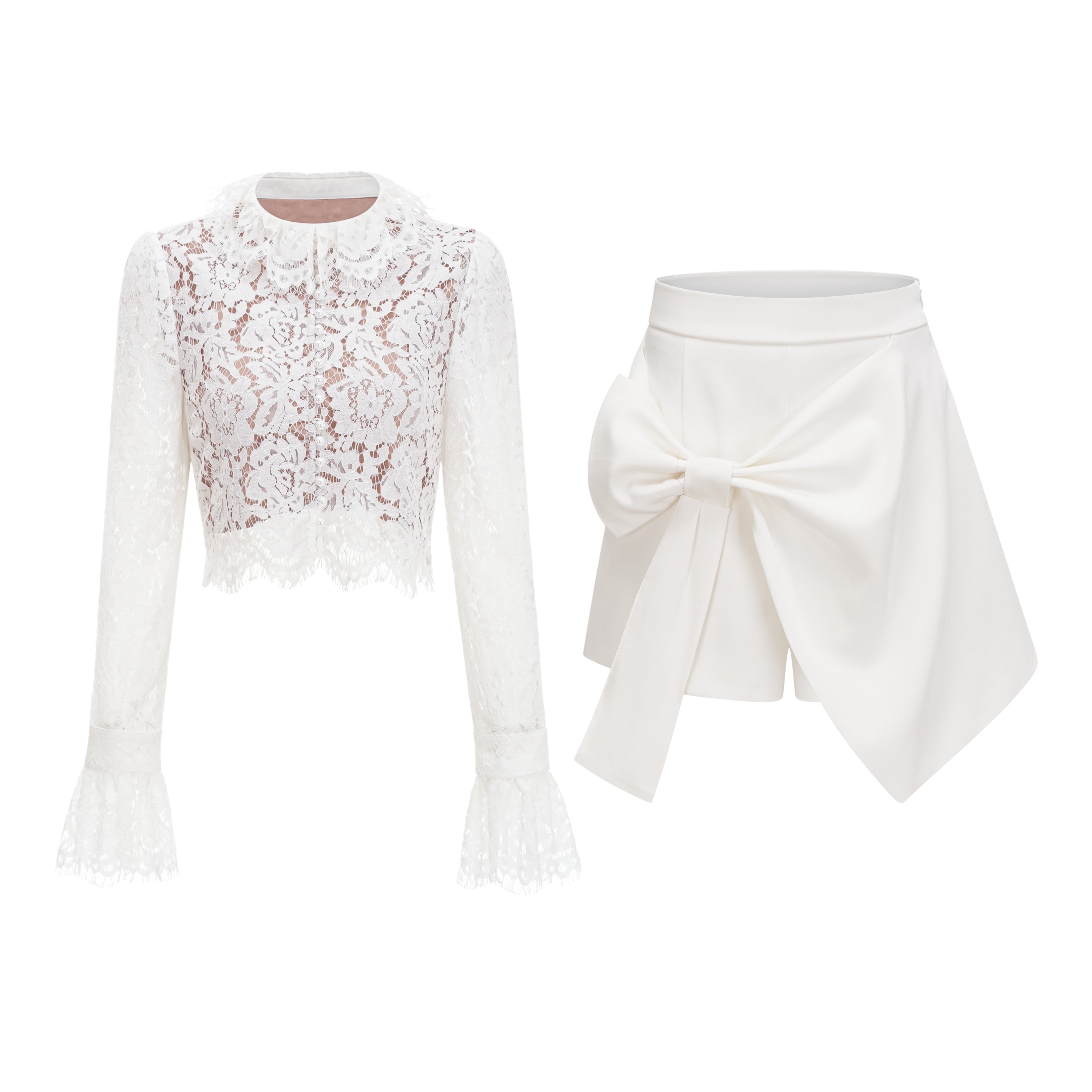 Vesper Weißes Set aus Bluse mit hohem Kragen und Rock aus Spitze