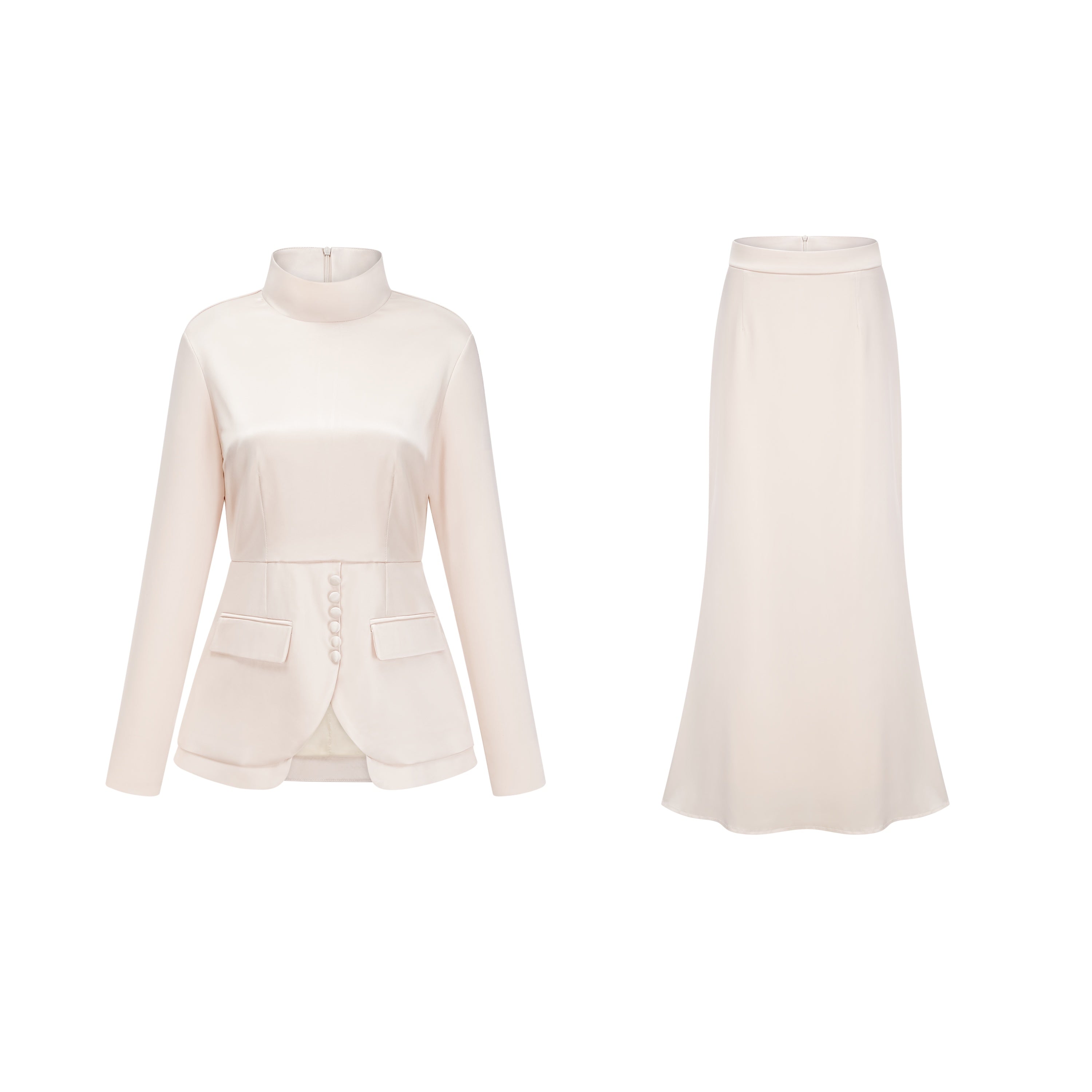 Roxanne Set aus Bluse mit Stehkragen in neutraler Farbe und Meerjungfrauenrock