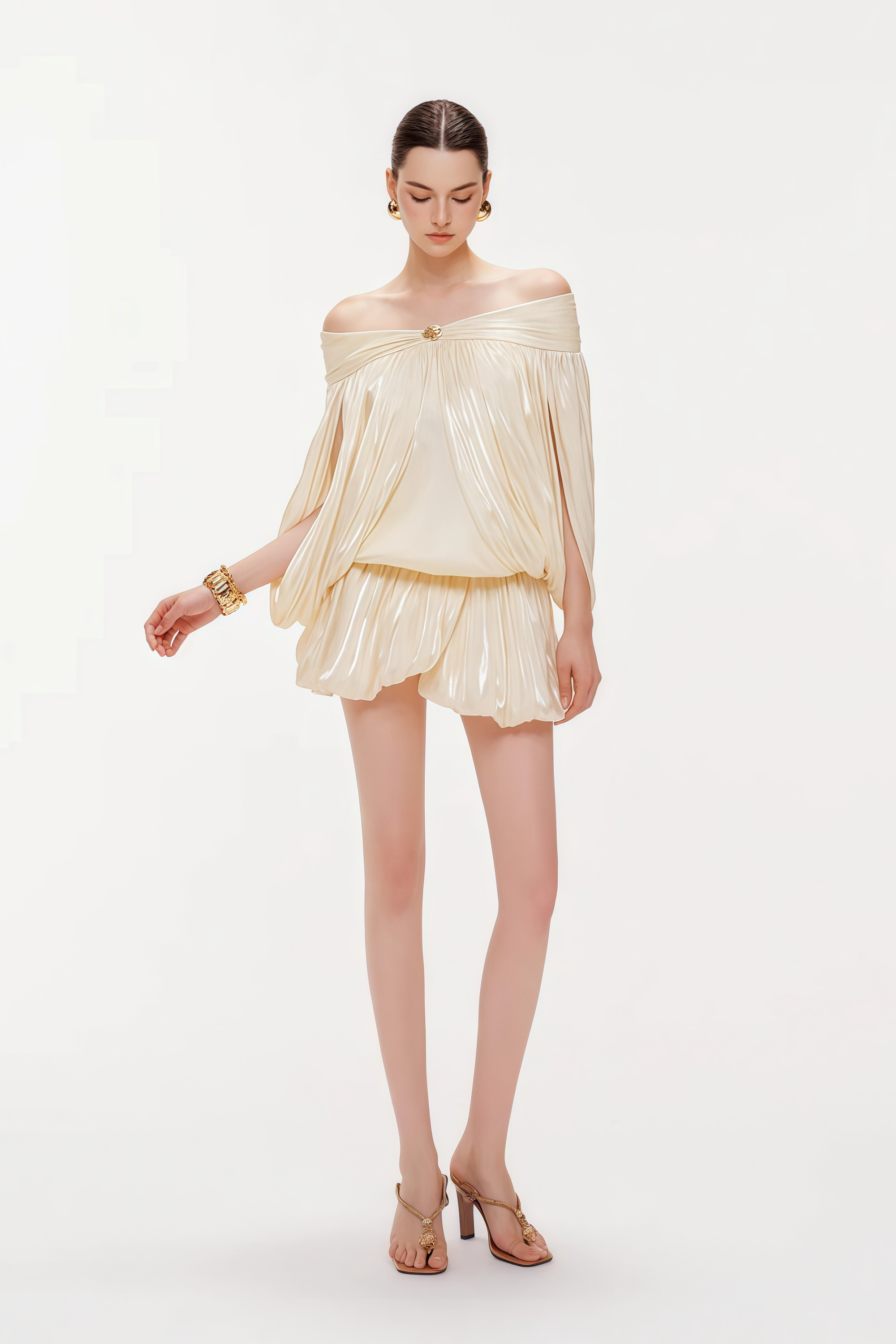 Shayla Neutral Asymmetrical Shirred Glossy Mini Dress