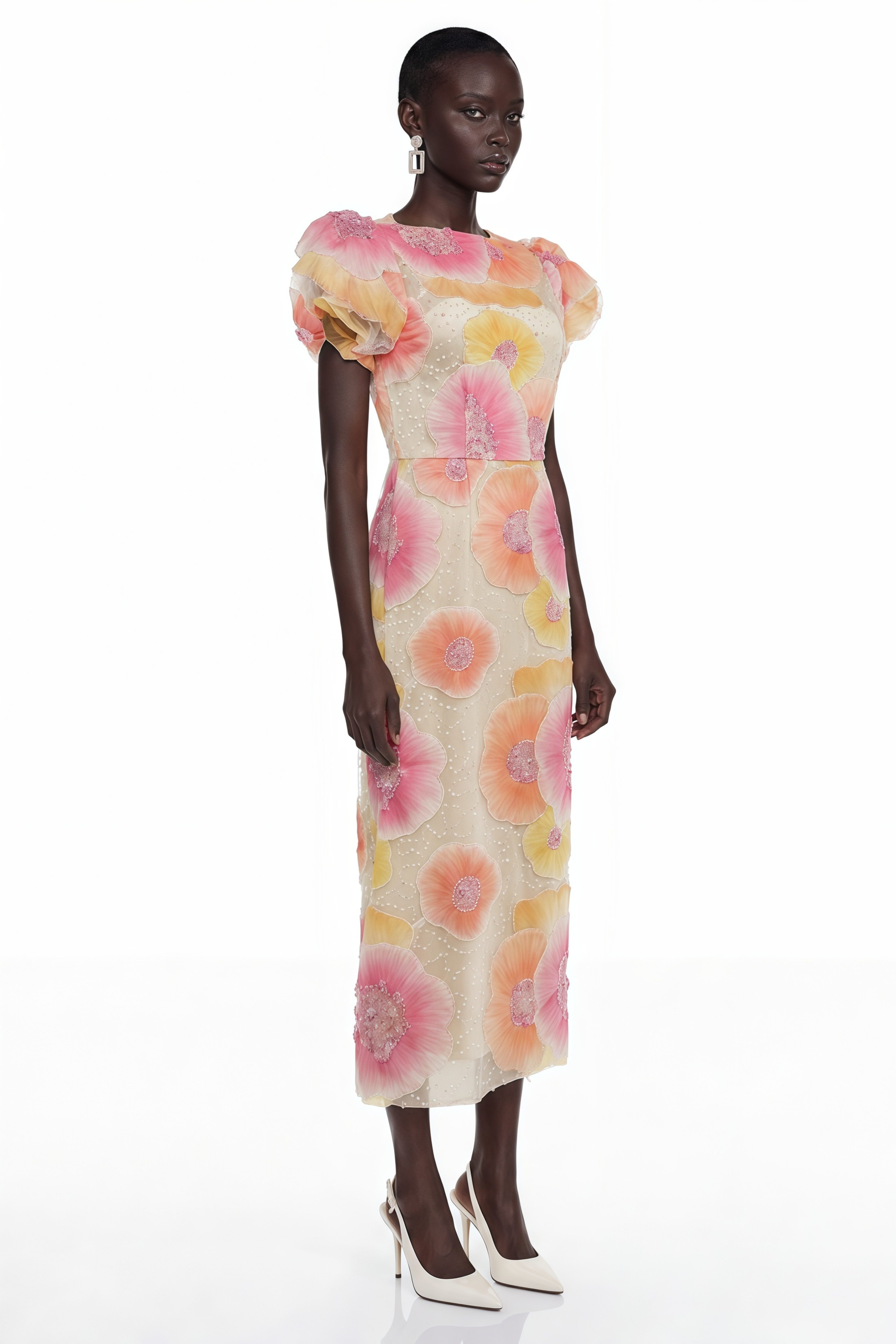 Robe mi-longue à imprimé floral orange « Evangeline » avec paillettes et strass