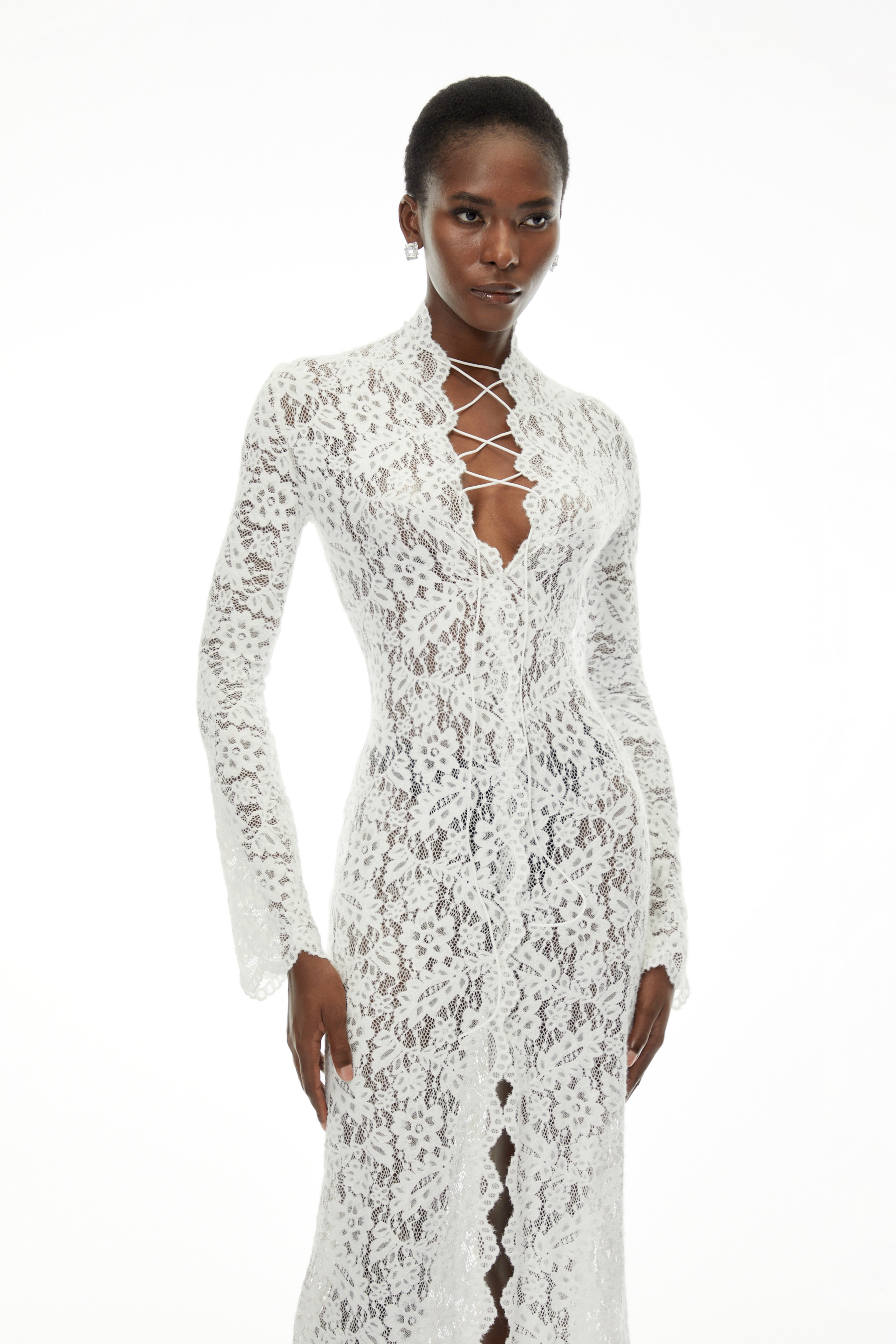 Maëlys White Floral Lace Plunge Neck Maxi Dress