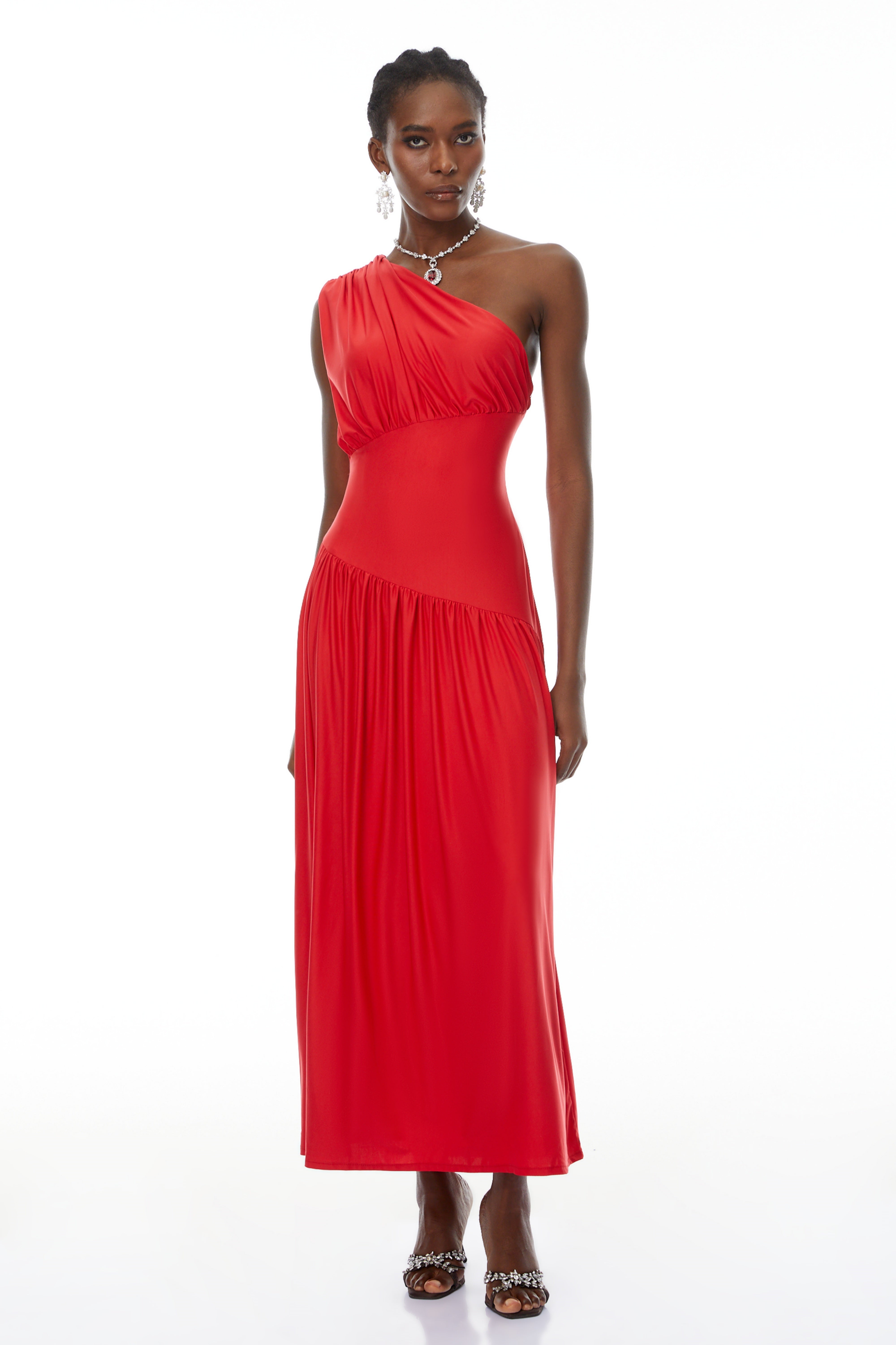 Magnolia Red One Shoulder Ruched Maxi Dress