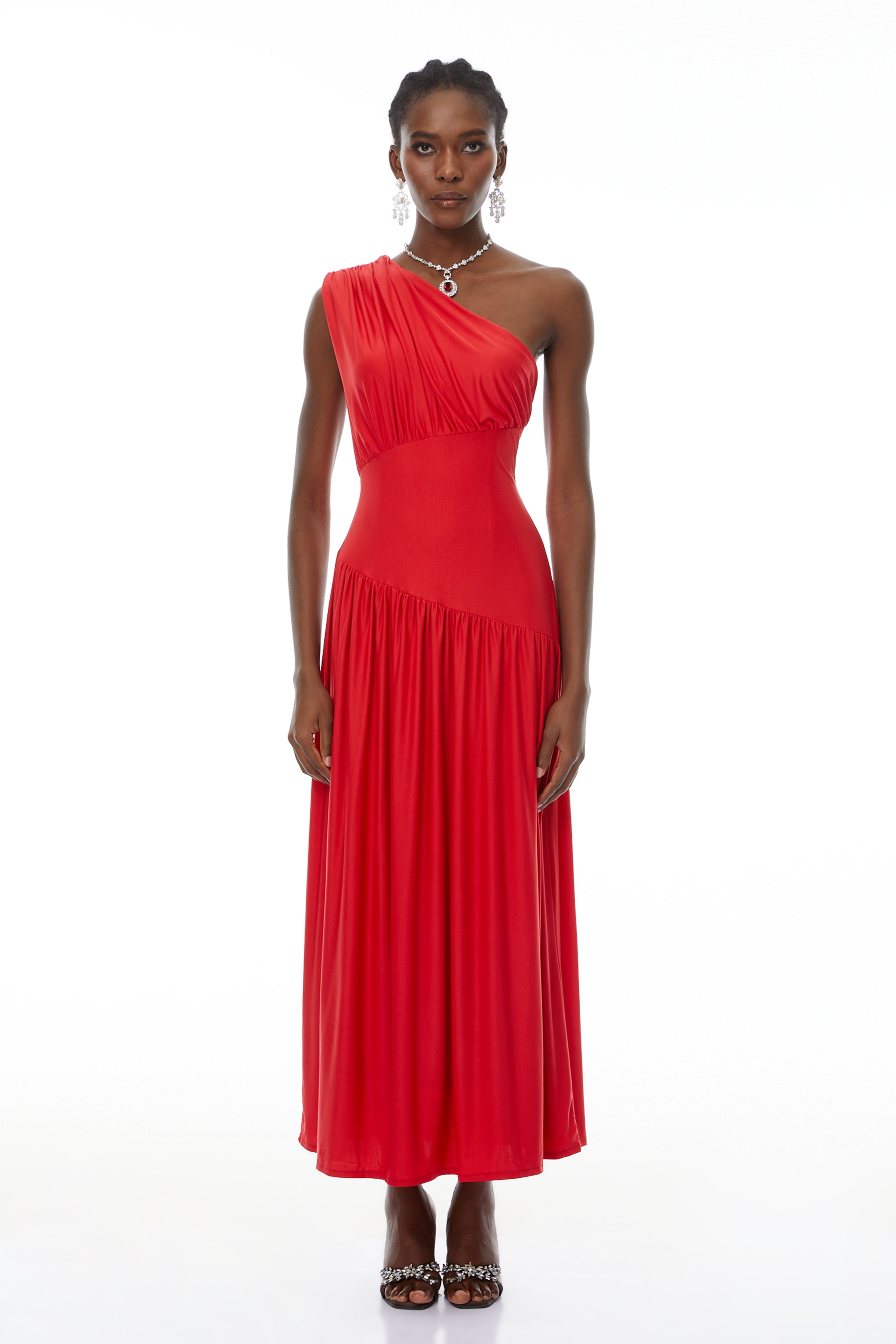 Magnolia Red One Shoulder Ruched Maxi Dress