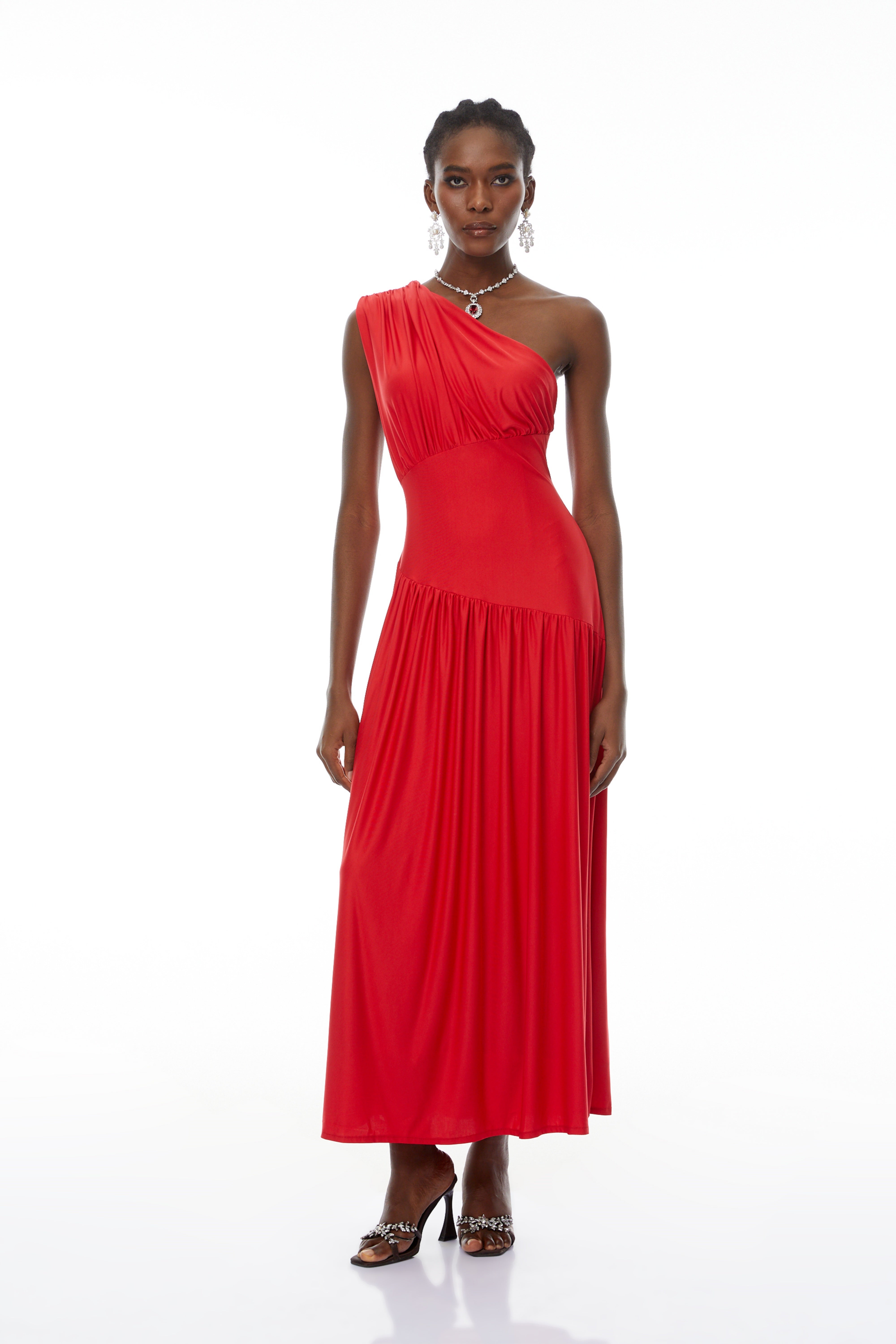 Magnolia Red One Shoulder Ruched Maxi Dress