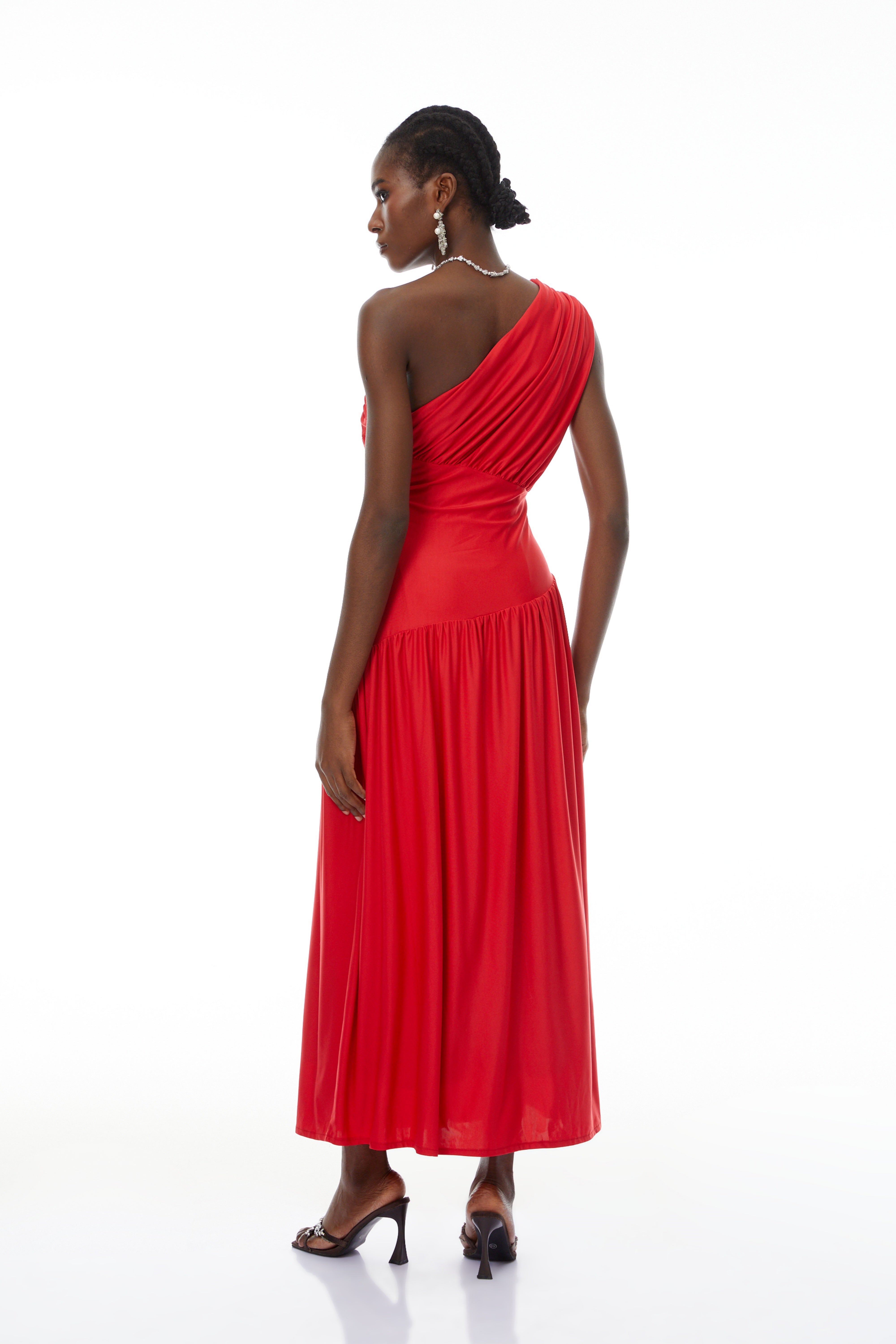 Magnolia Red One Shoulder Ruched Maxi Dress