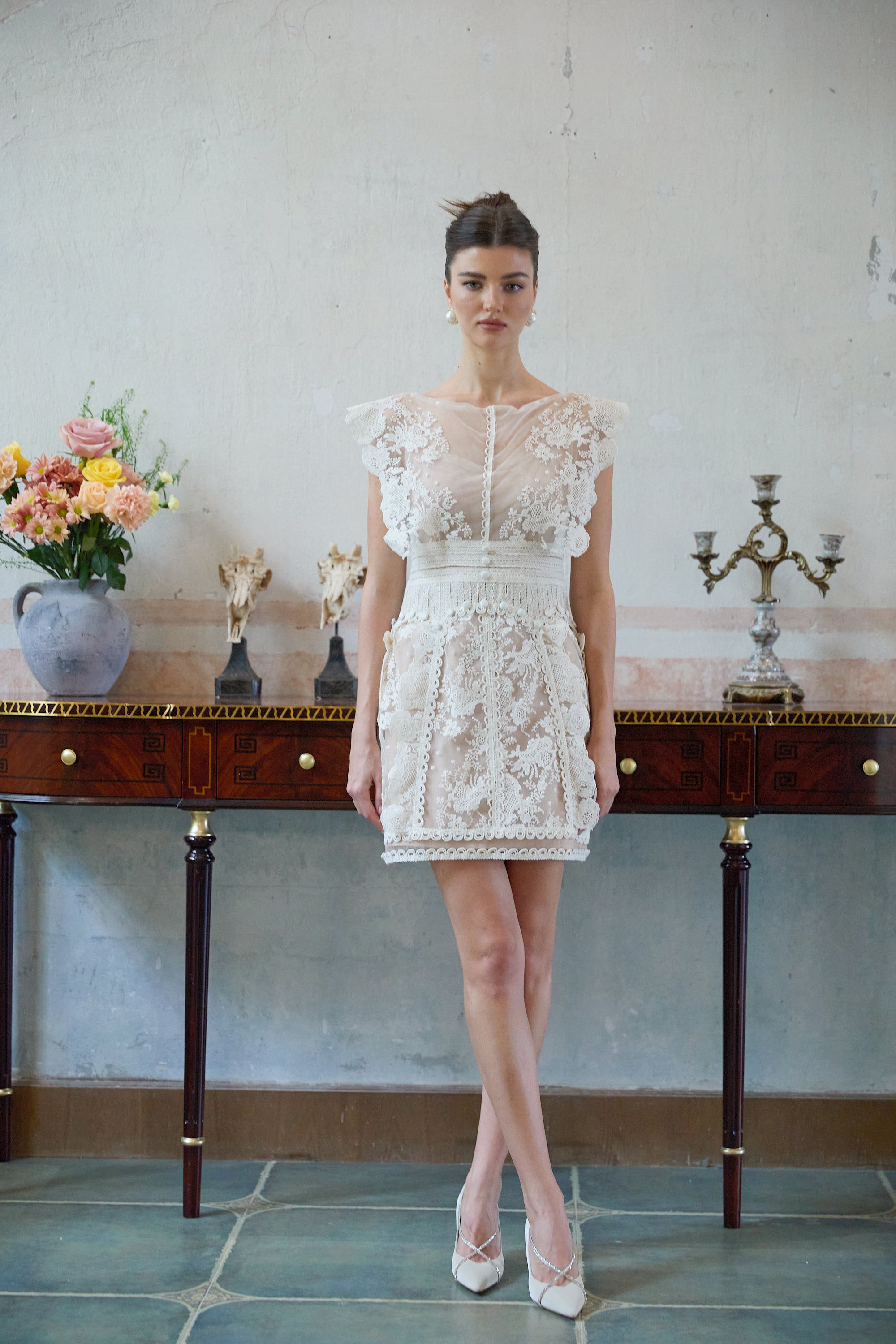 Maïa white floral-embroidered lace mini dress