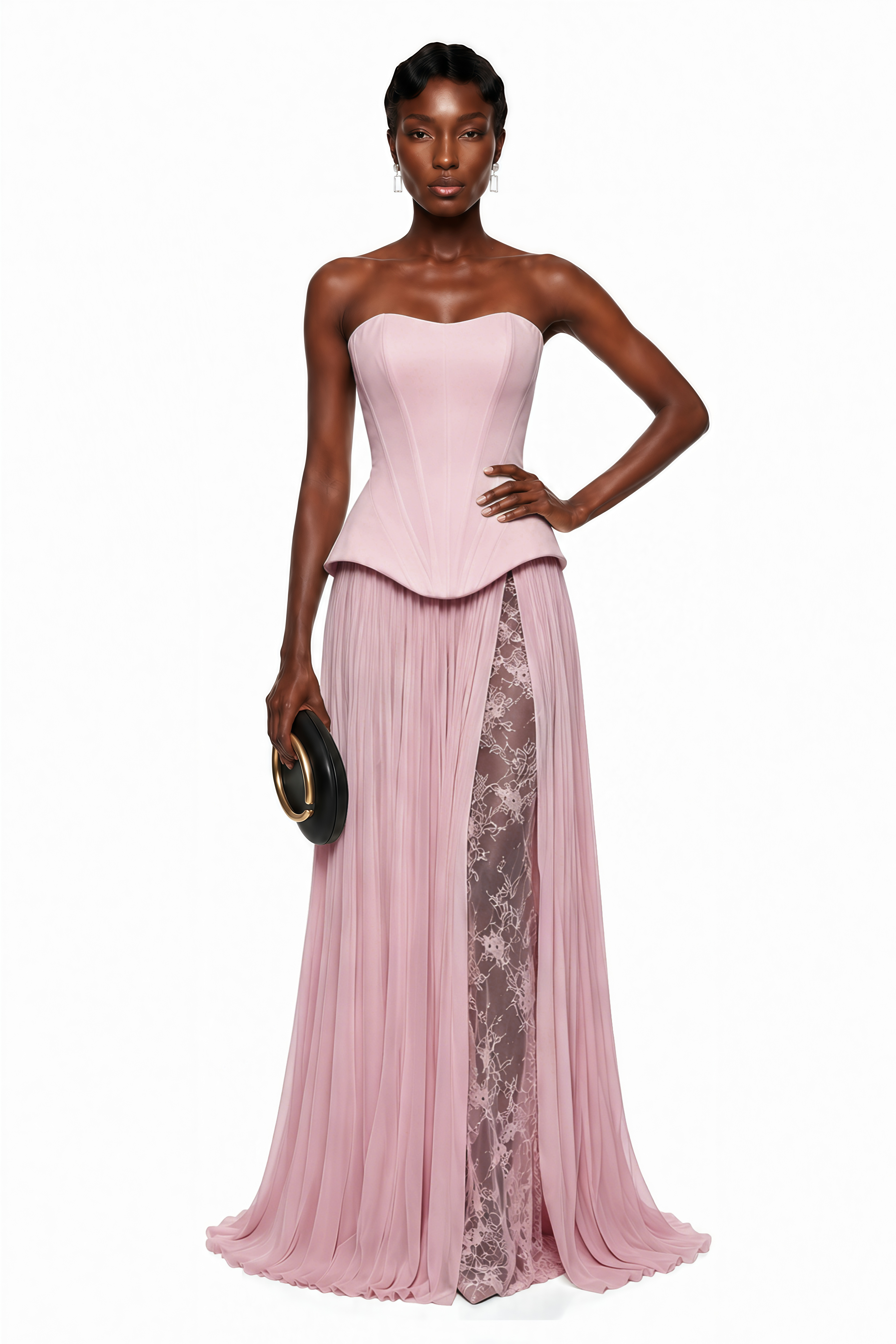 Maisie Pink Corset Top & Pleated Skirt Set with Lace Panels