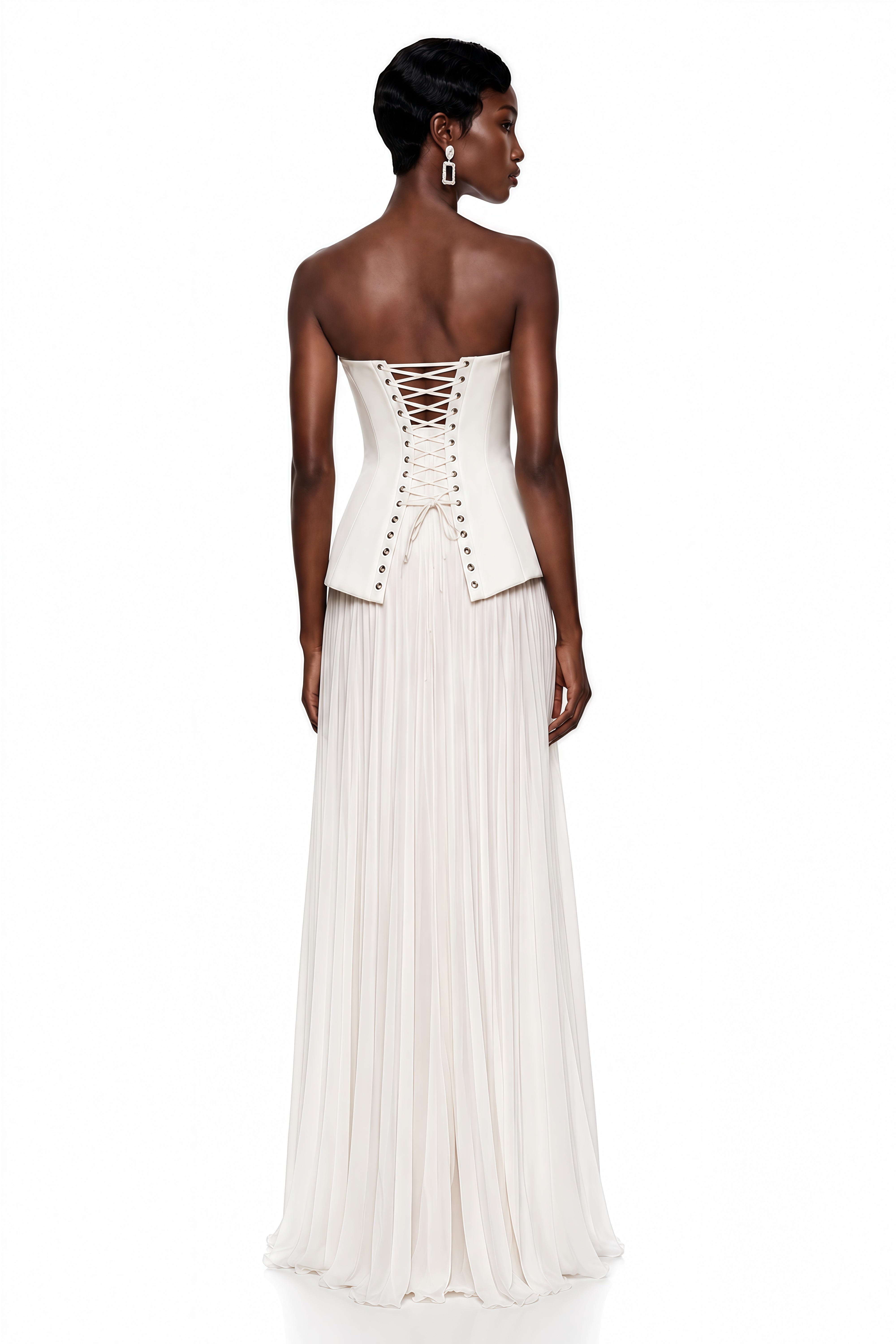 Maisie White Corset Top & Pleated Skirt Set with Lace Panels