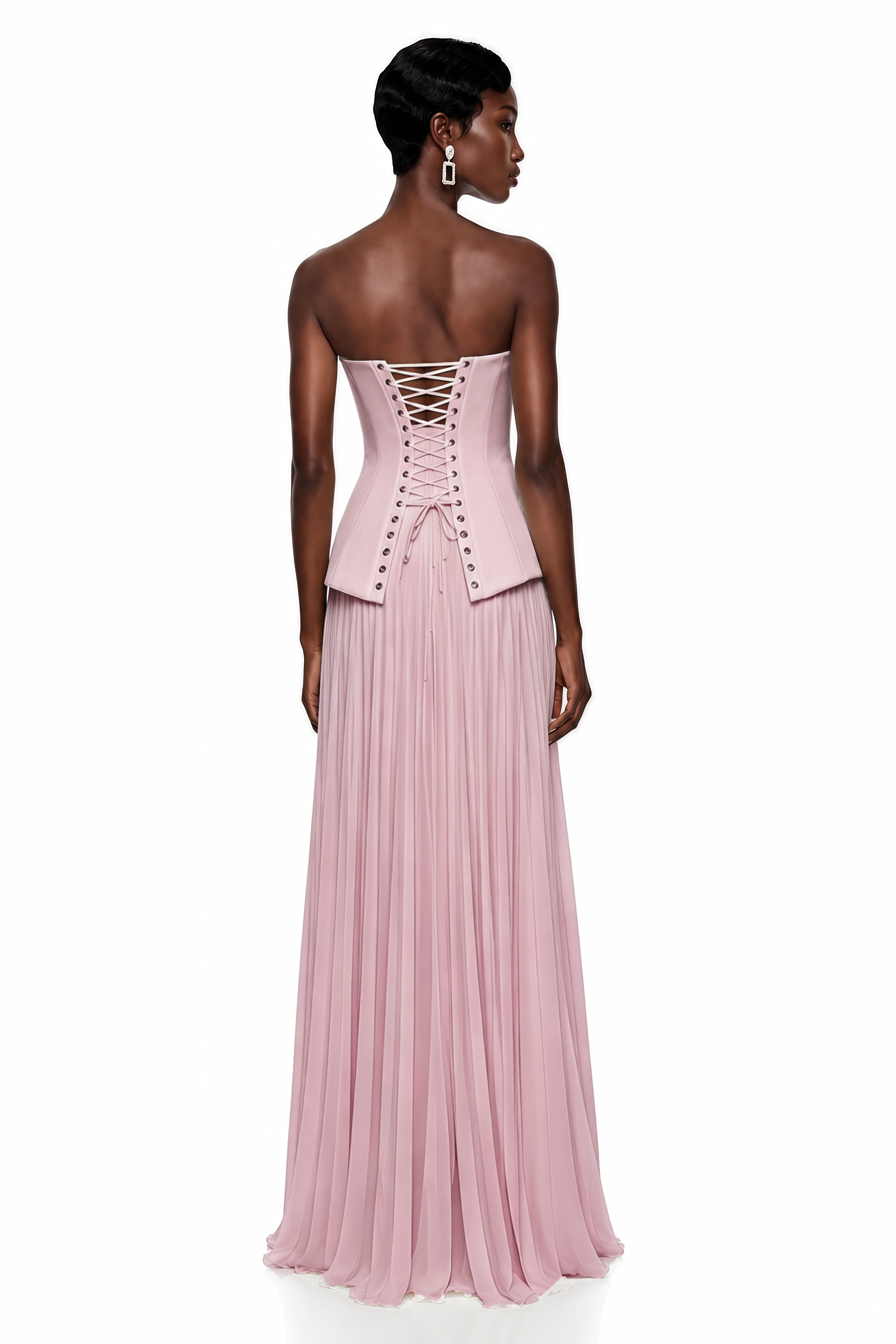 Ensemble Maisie composé d'un haut corset rose et d'une jupe plissée avec empiècements en dentelle