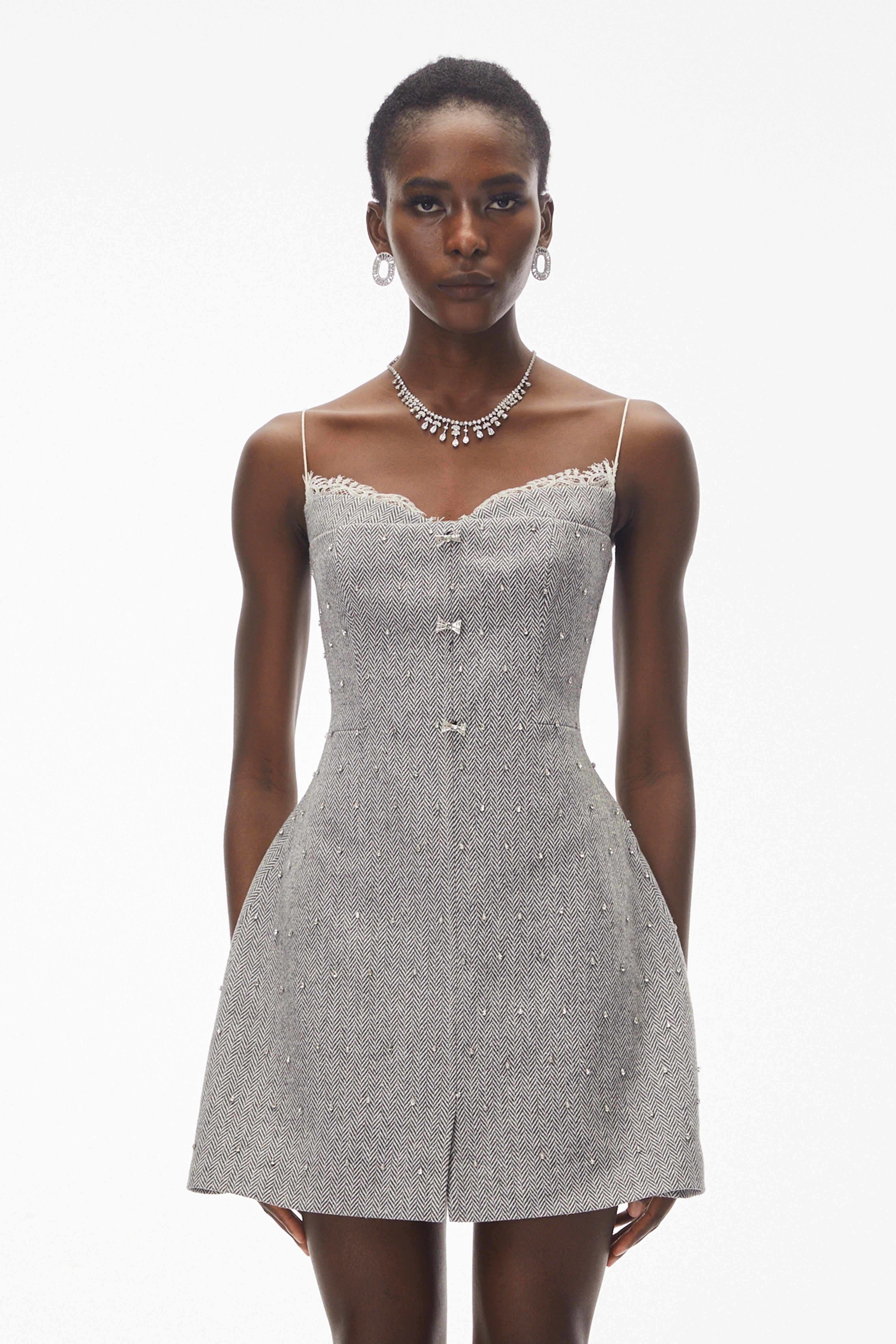 Maisy Grey Embellished Lace Mini Dress