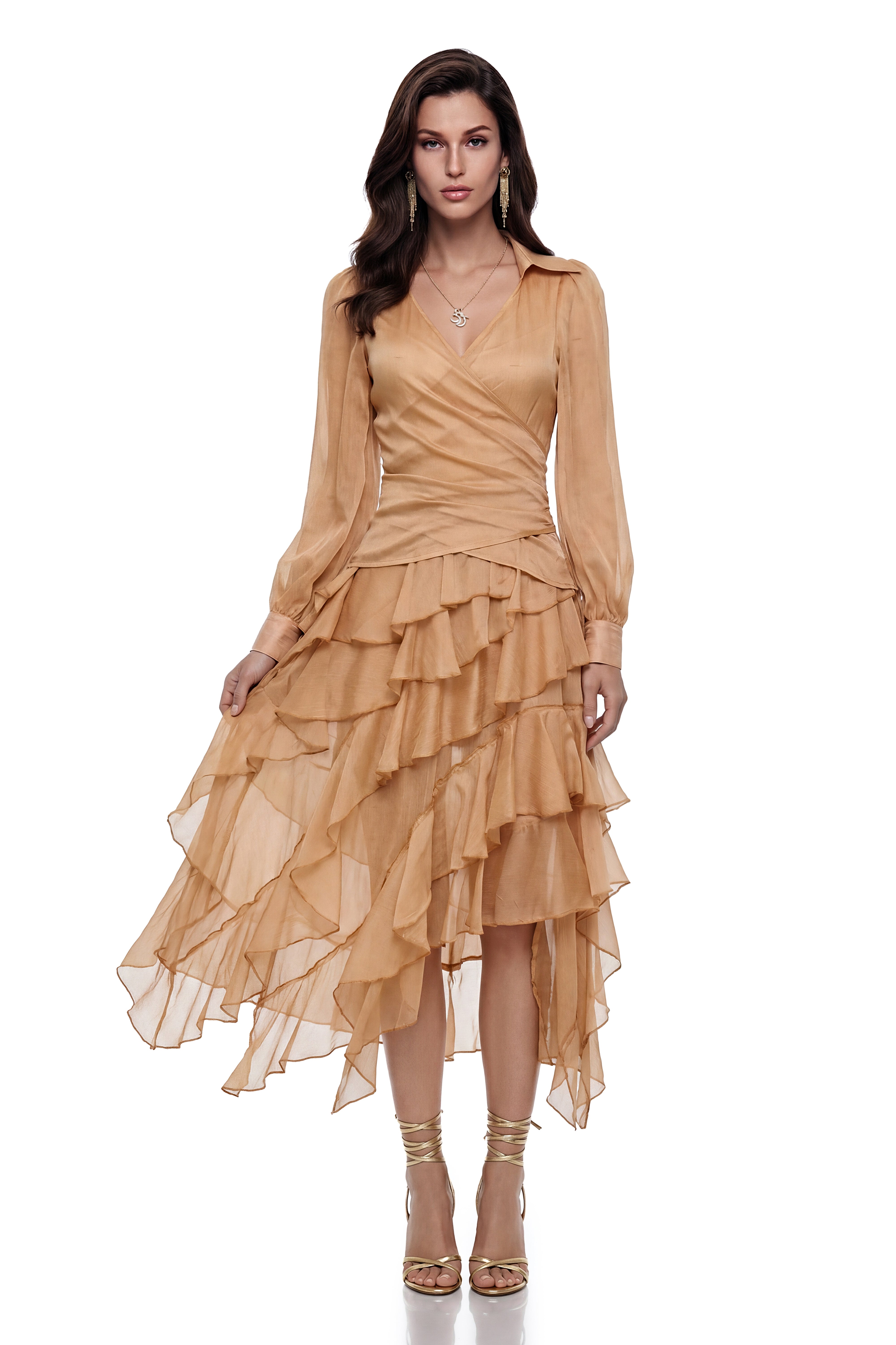 Maja Brown Cross Front Blouse & Tiered Skirt Set