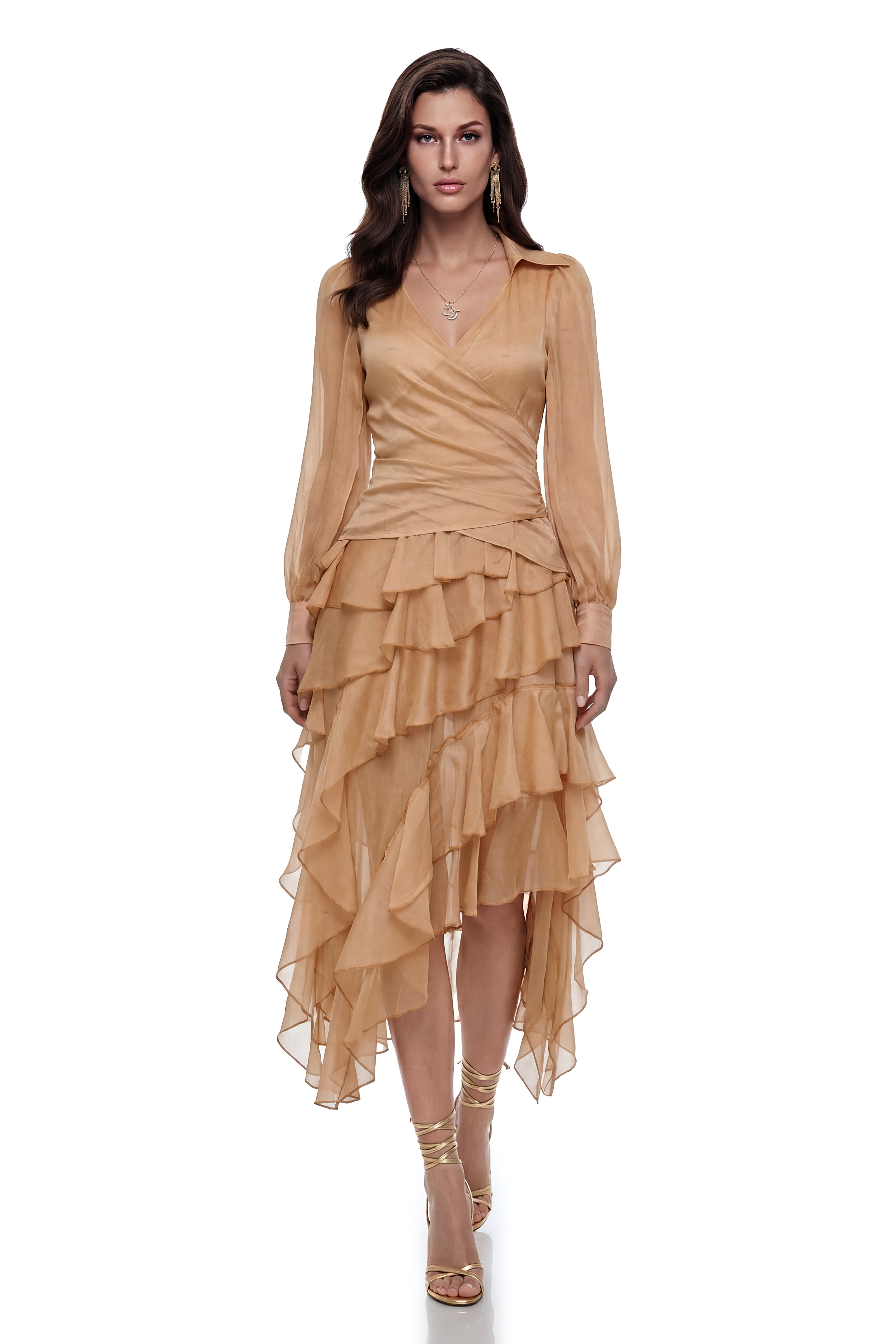 Maja Brown Cross Front Blouse & Tiered Skirt Set