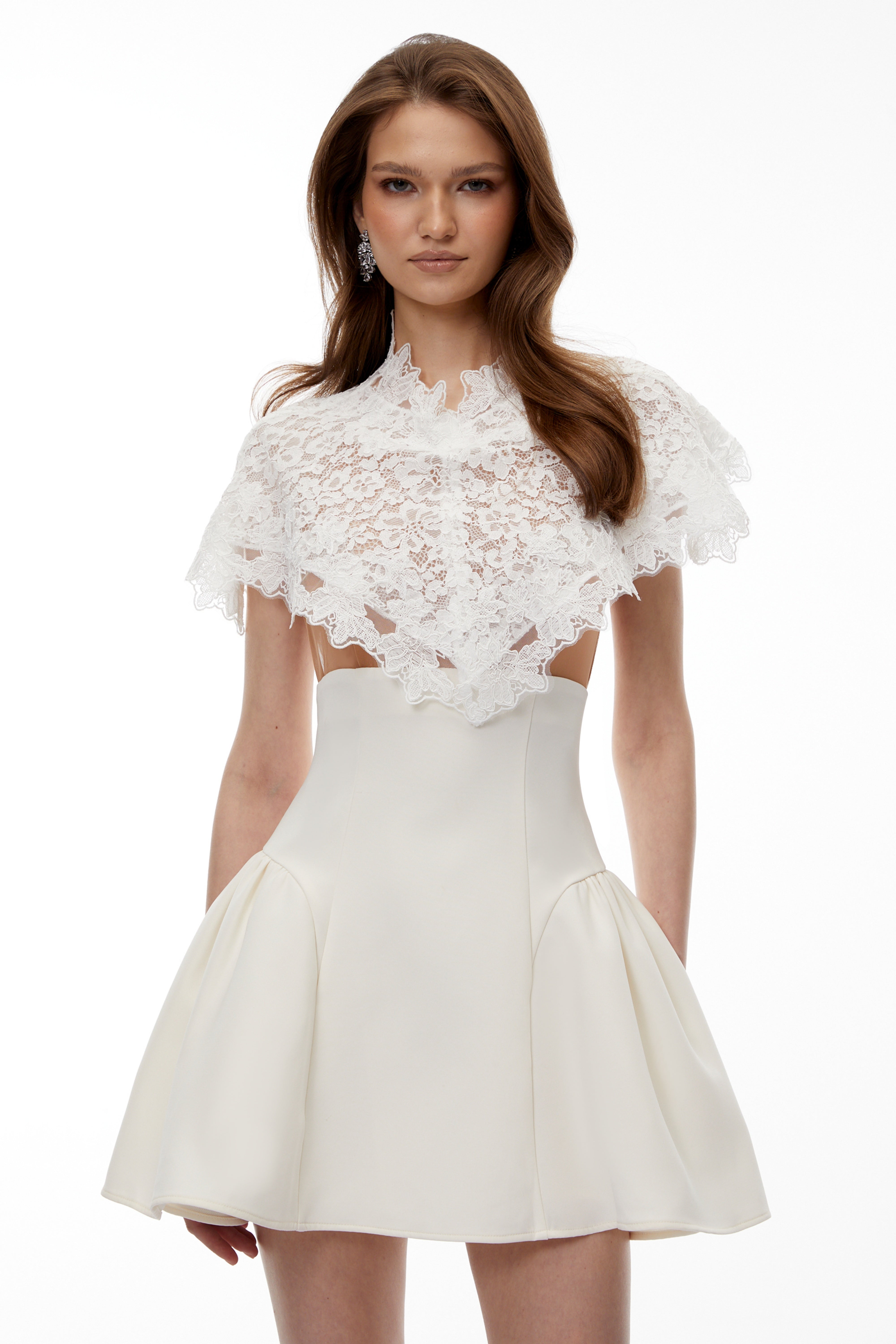 Mandana White Lace Mini Dress with Cape