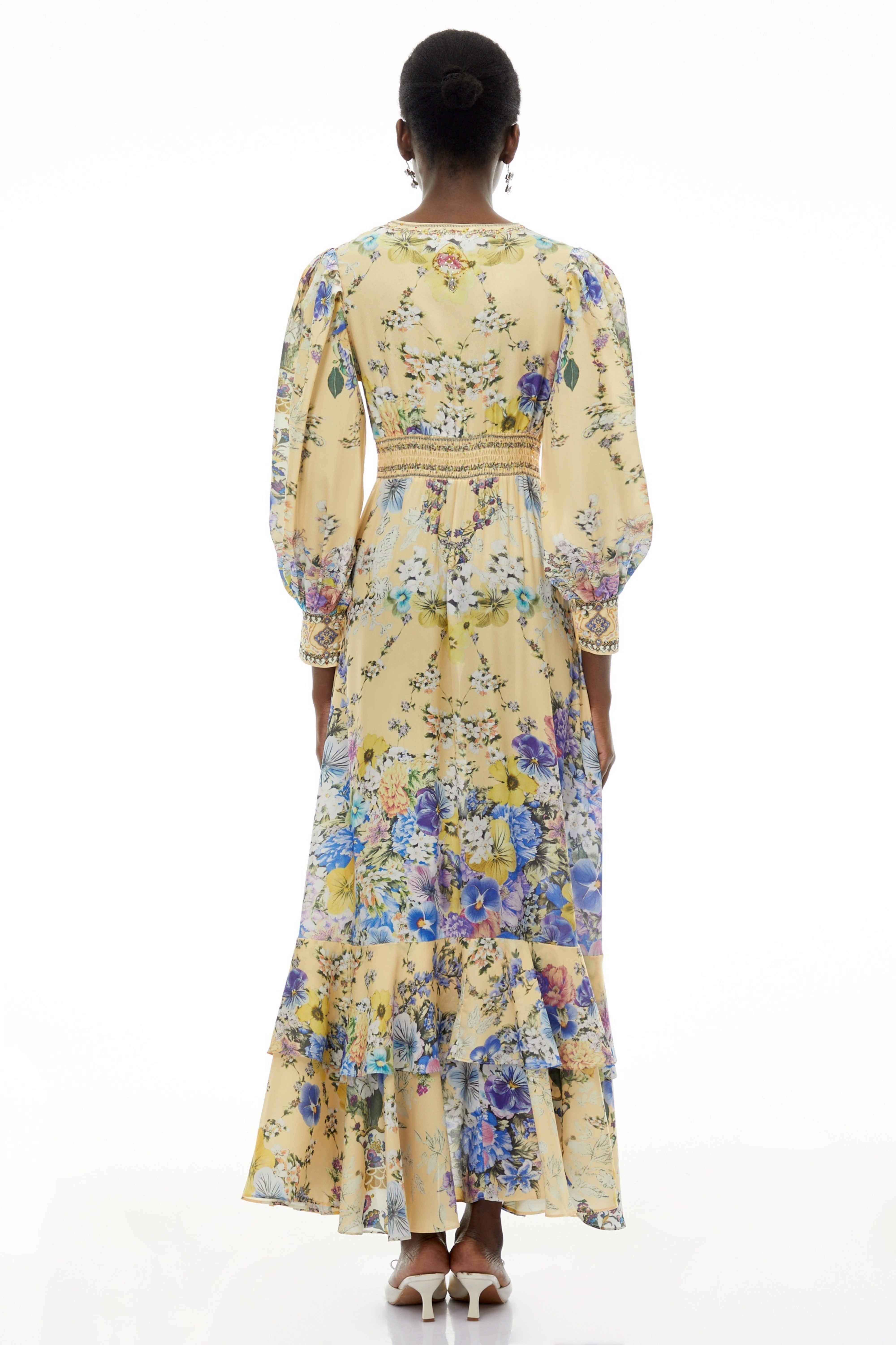 Manon Yellow V-Neck Puff Sleeve Floral Print Maxi Dress