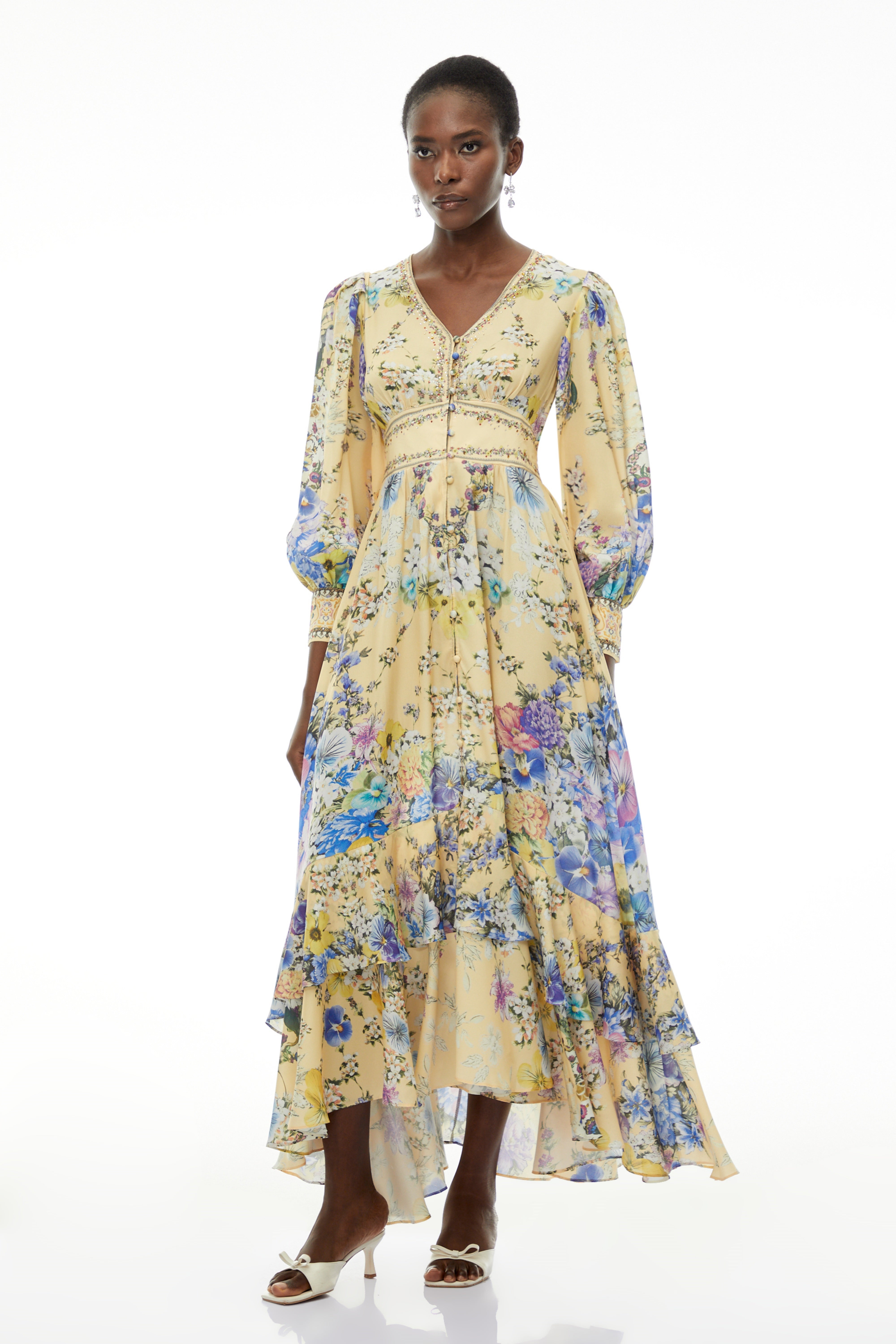 Manon Yellow V-Neck Puff Sleeve Floral Print Maxi Dress