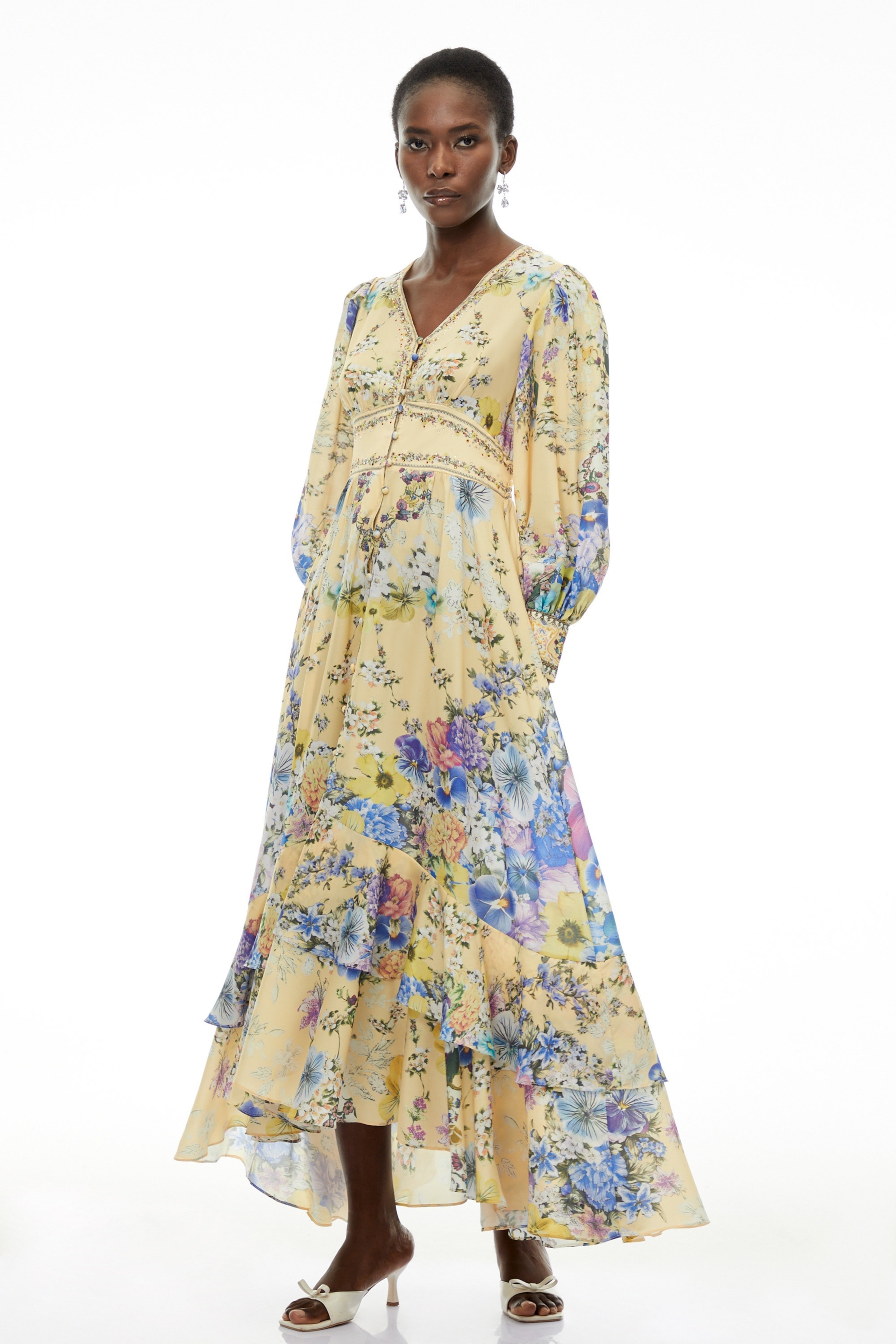 Manon Yellow V-Neck Puff Sleeve Floral Print Maxi Dress