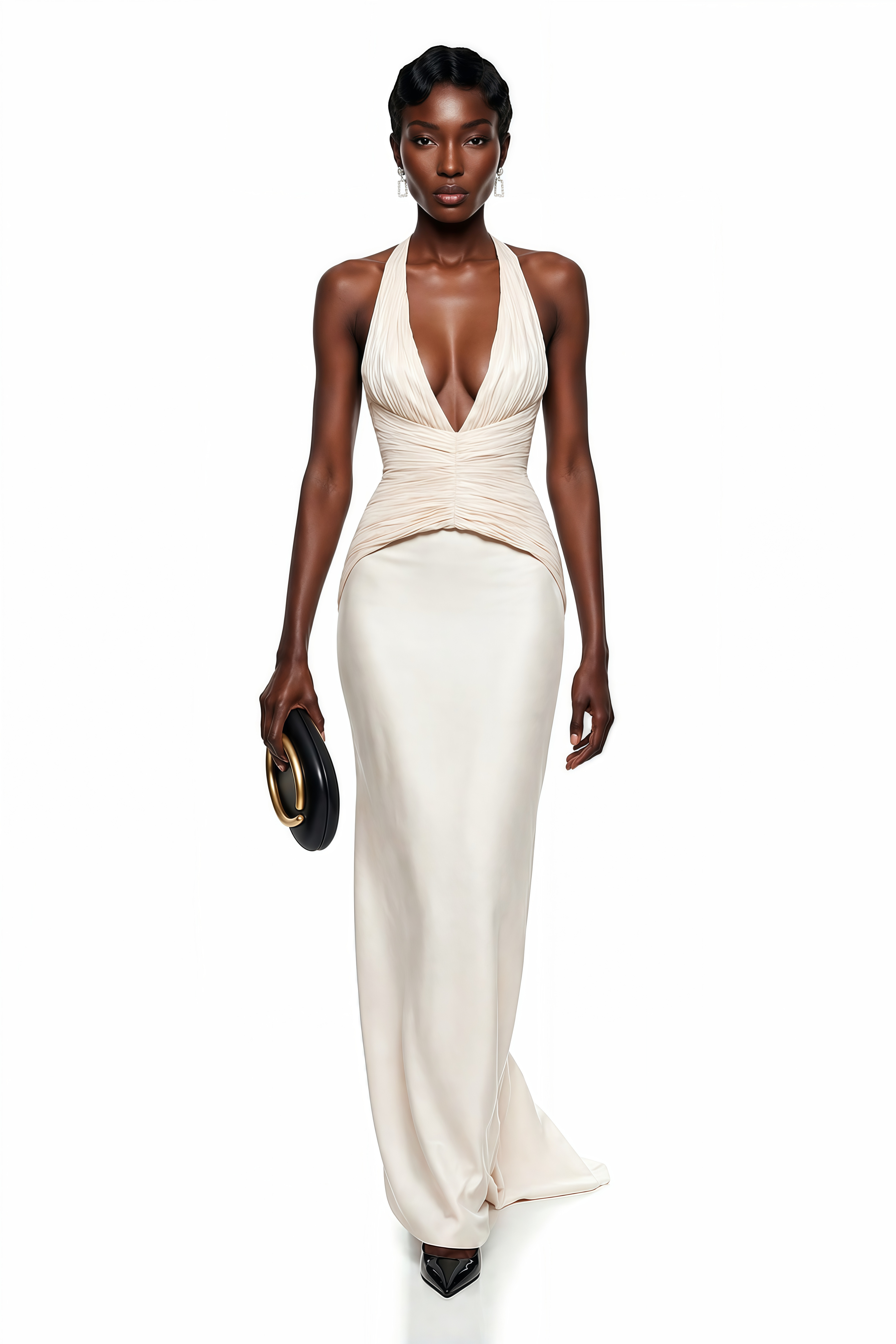 Robe dos nu ivoire avec un corsage plissé à encolure en V