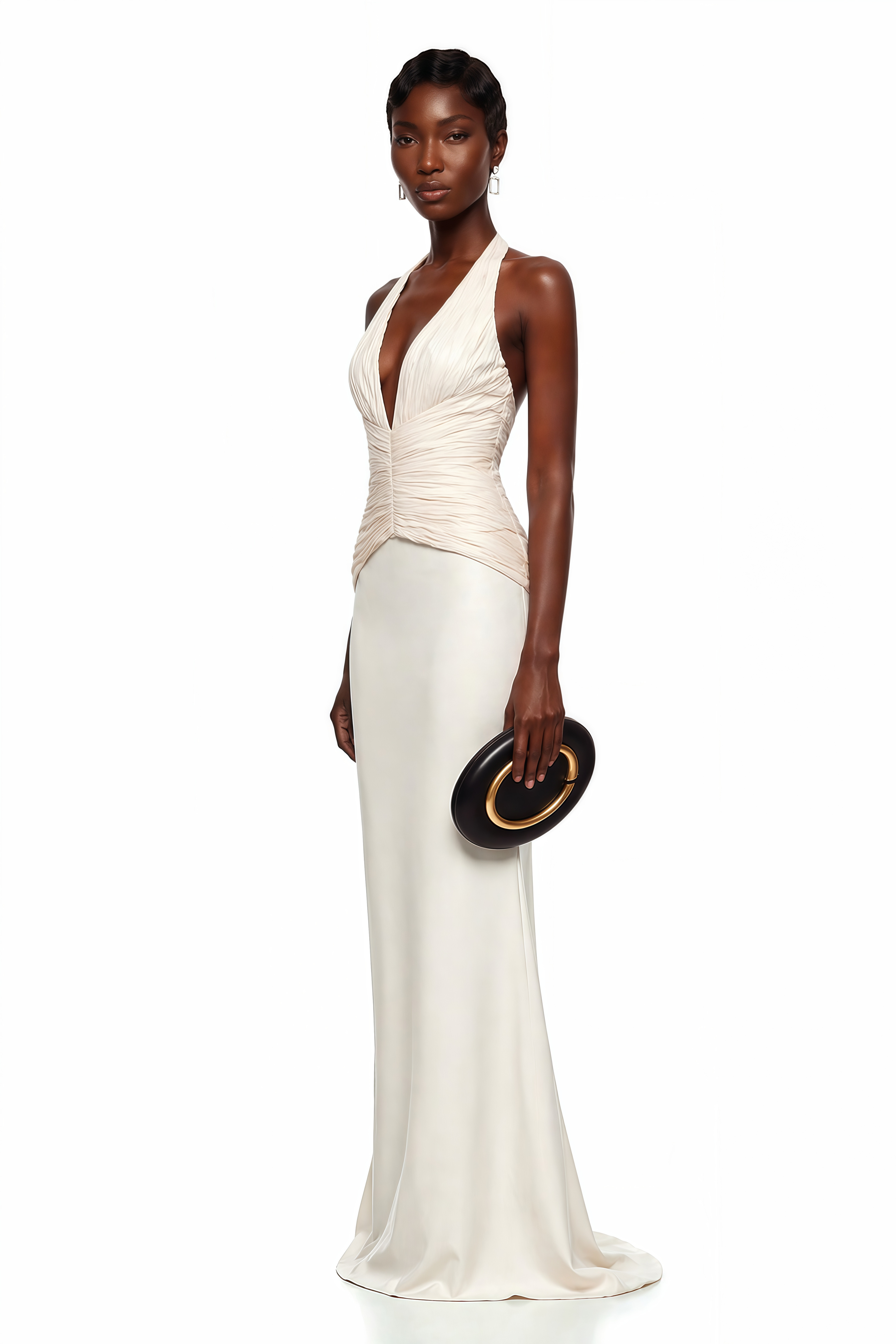 Robe dos nu ivoire avec un corsage plissé à encolure en V