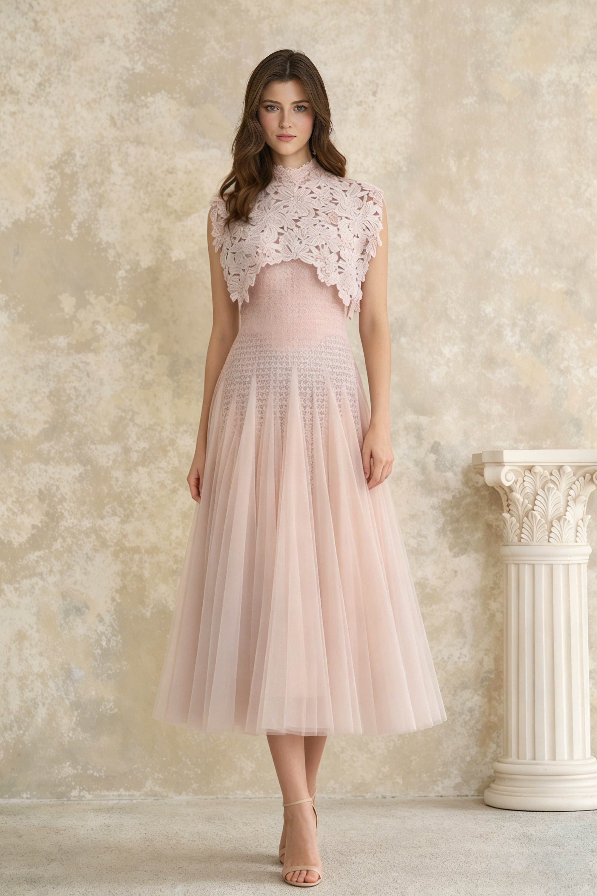 Margaret Hellrosa Midi-Kleid mit Blumenmuster und Häkelverzierung