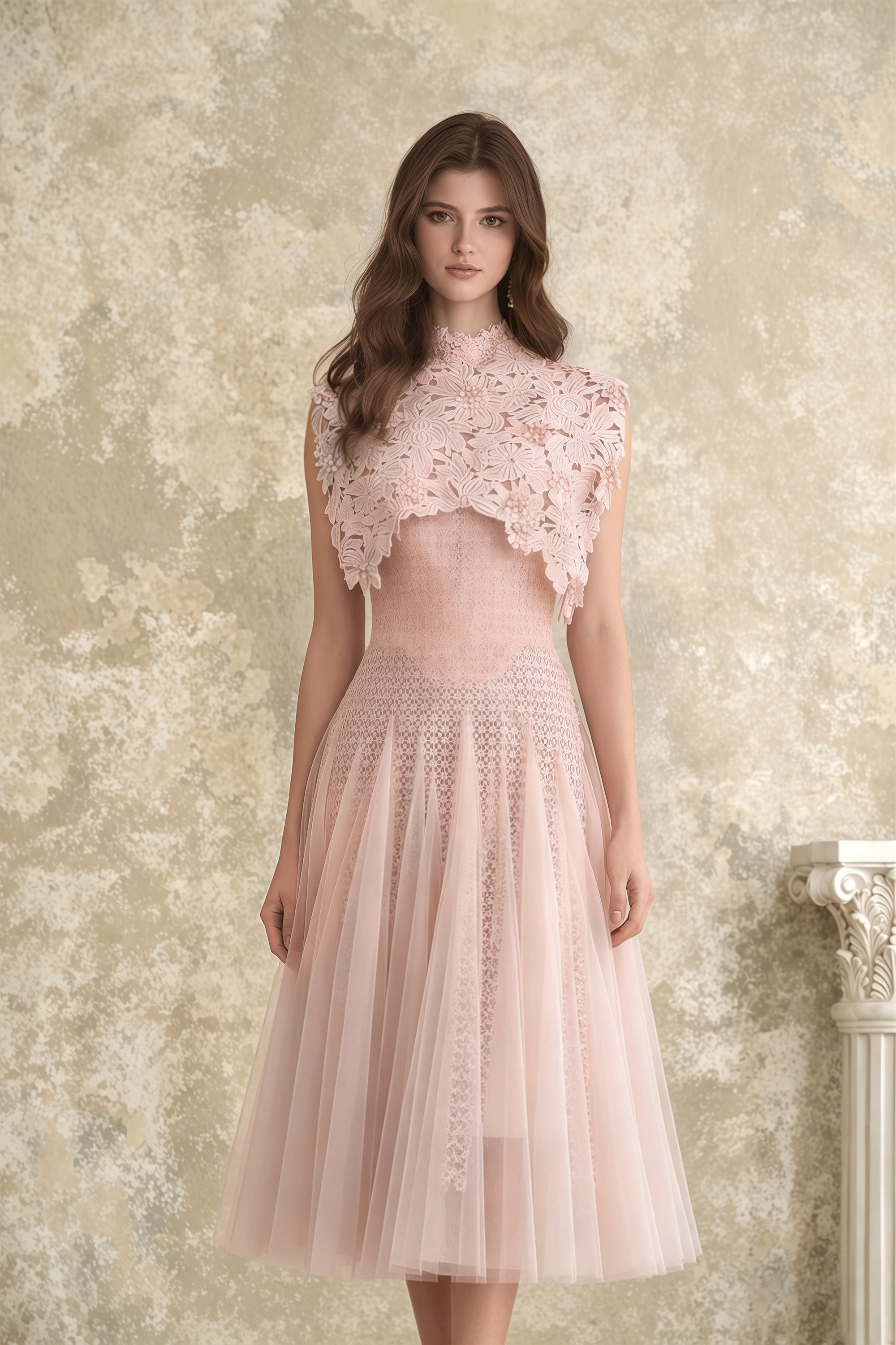 Margaret Hellrosa Midi-Kleid mit Blumenmuster und Häkelverzierung