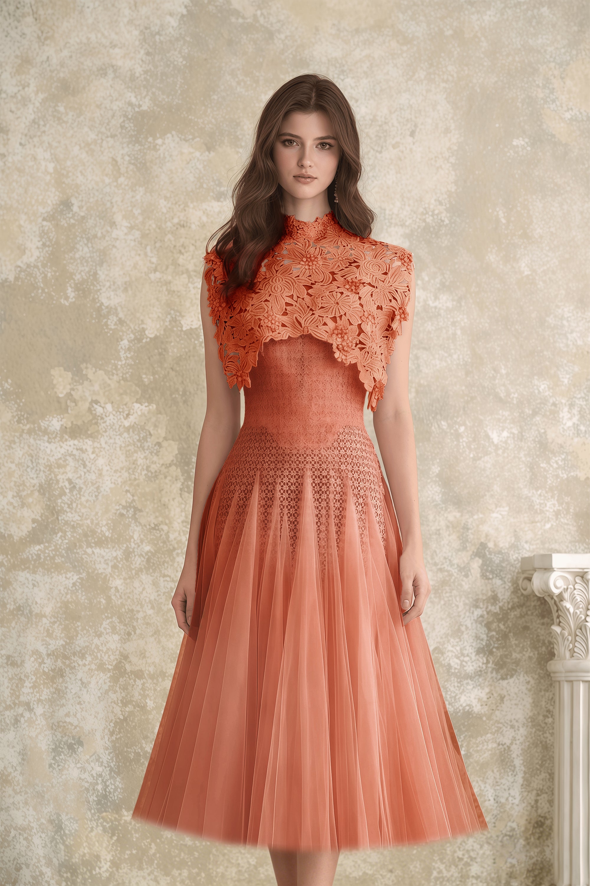 Margaret – Midi-Kleid mit Blumenmuster aus Häkelstoff in Orange