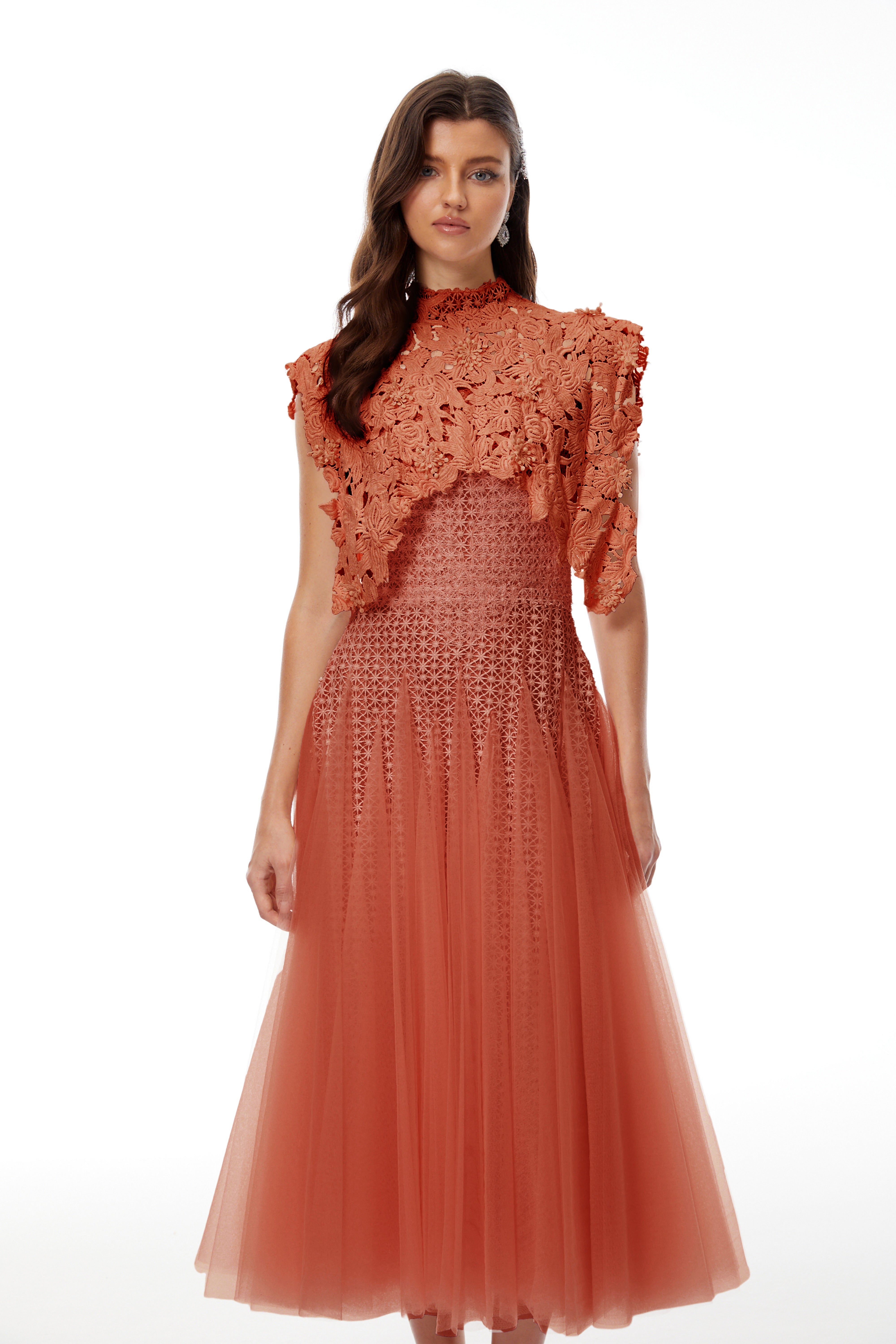 Margaret Orange Floral Crochet Midi Dress