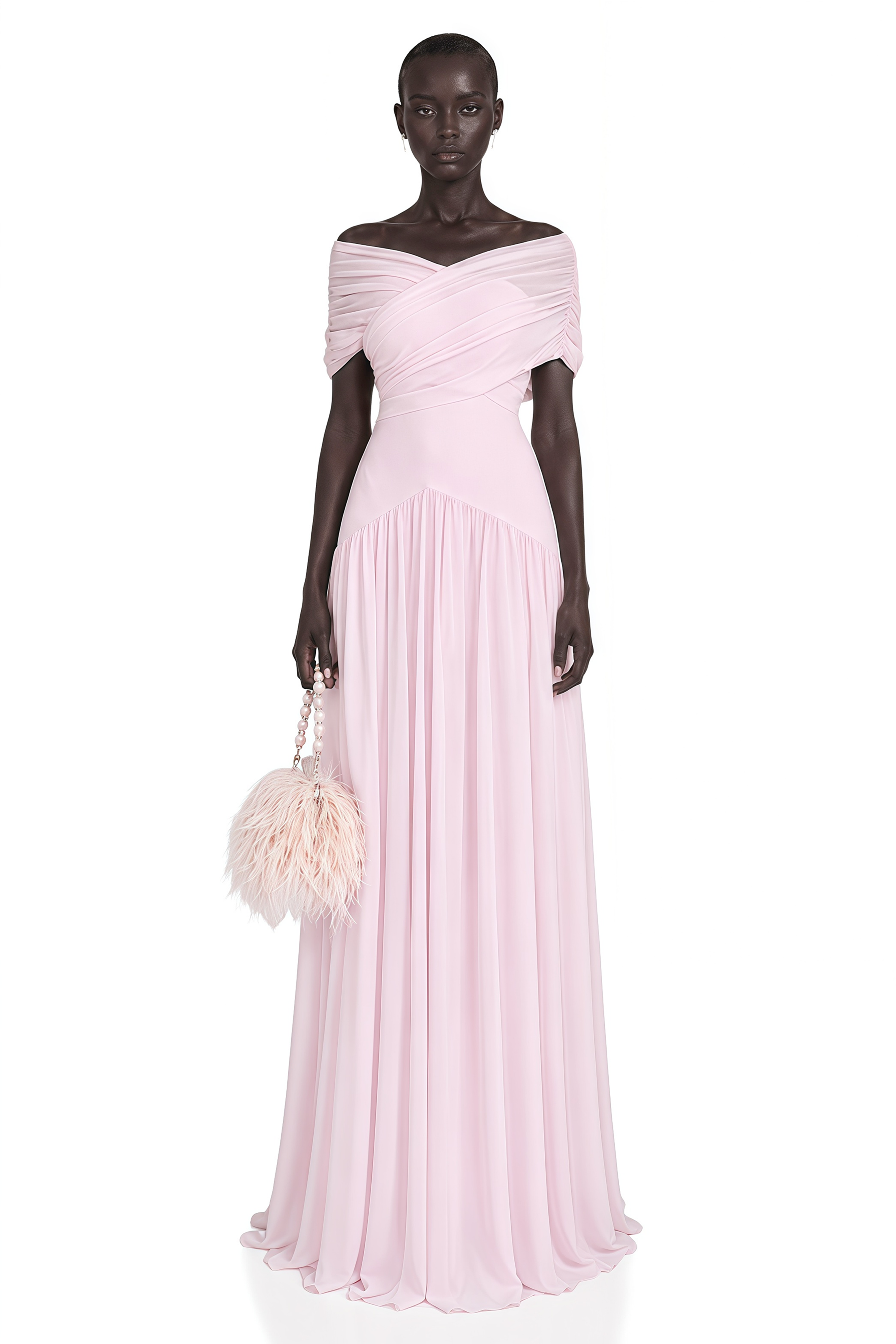 Robe longue à manches courtes froncée Margaret Pink