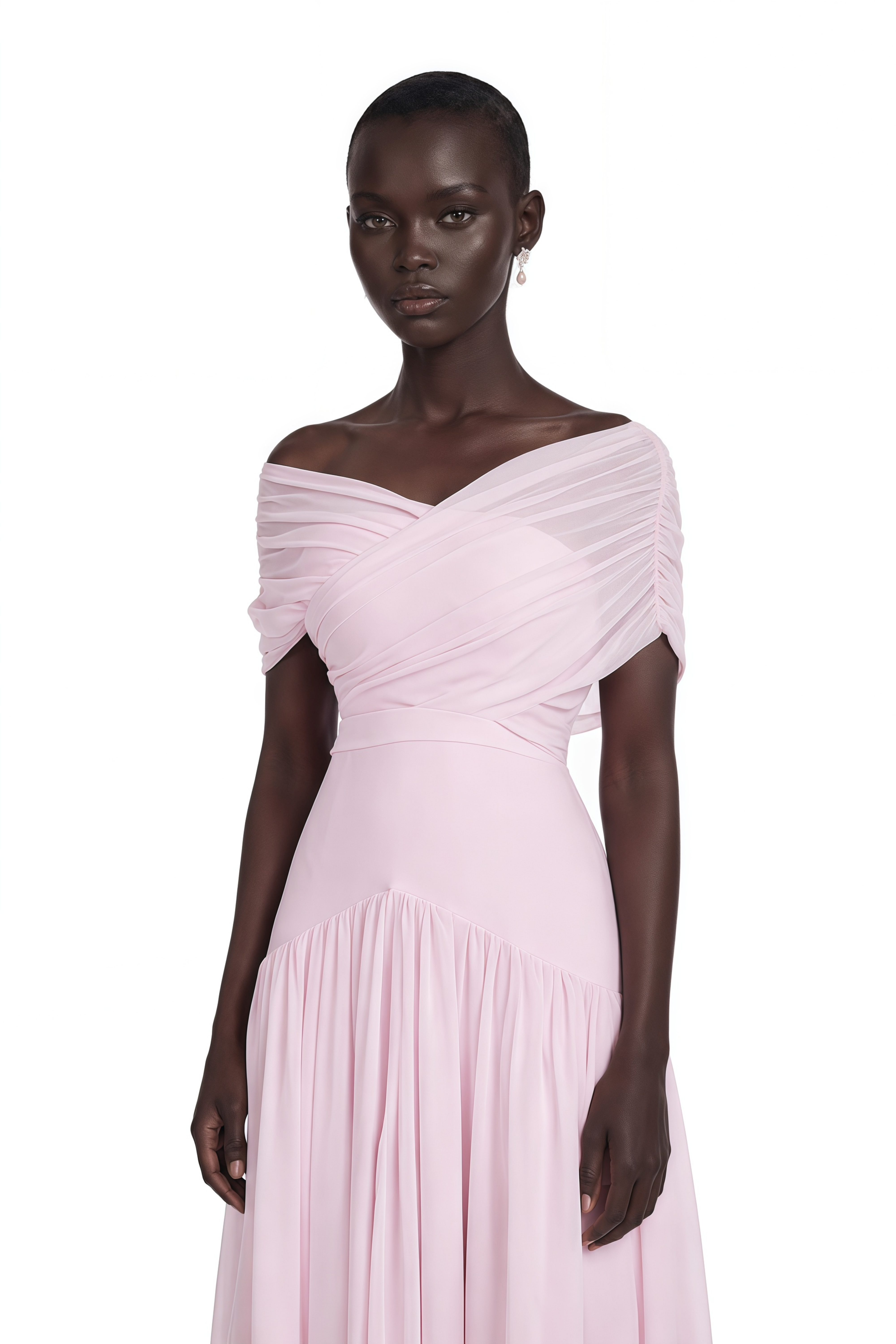 Robe longue à manches courtes froncée Margaret Pink