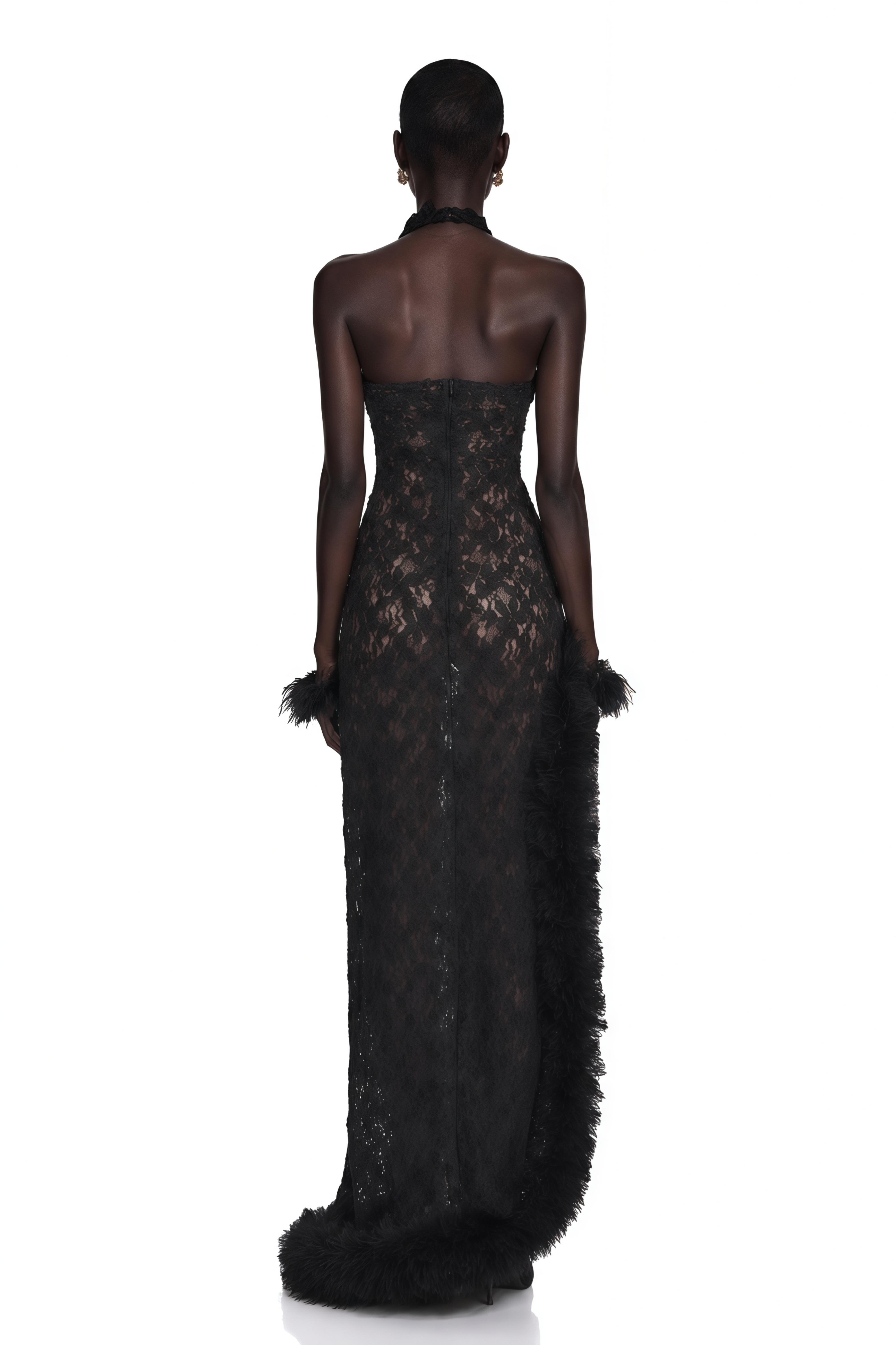 Margarida Black Lace Maxi Dress with Faux Fur Trim