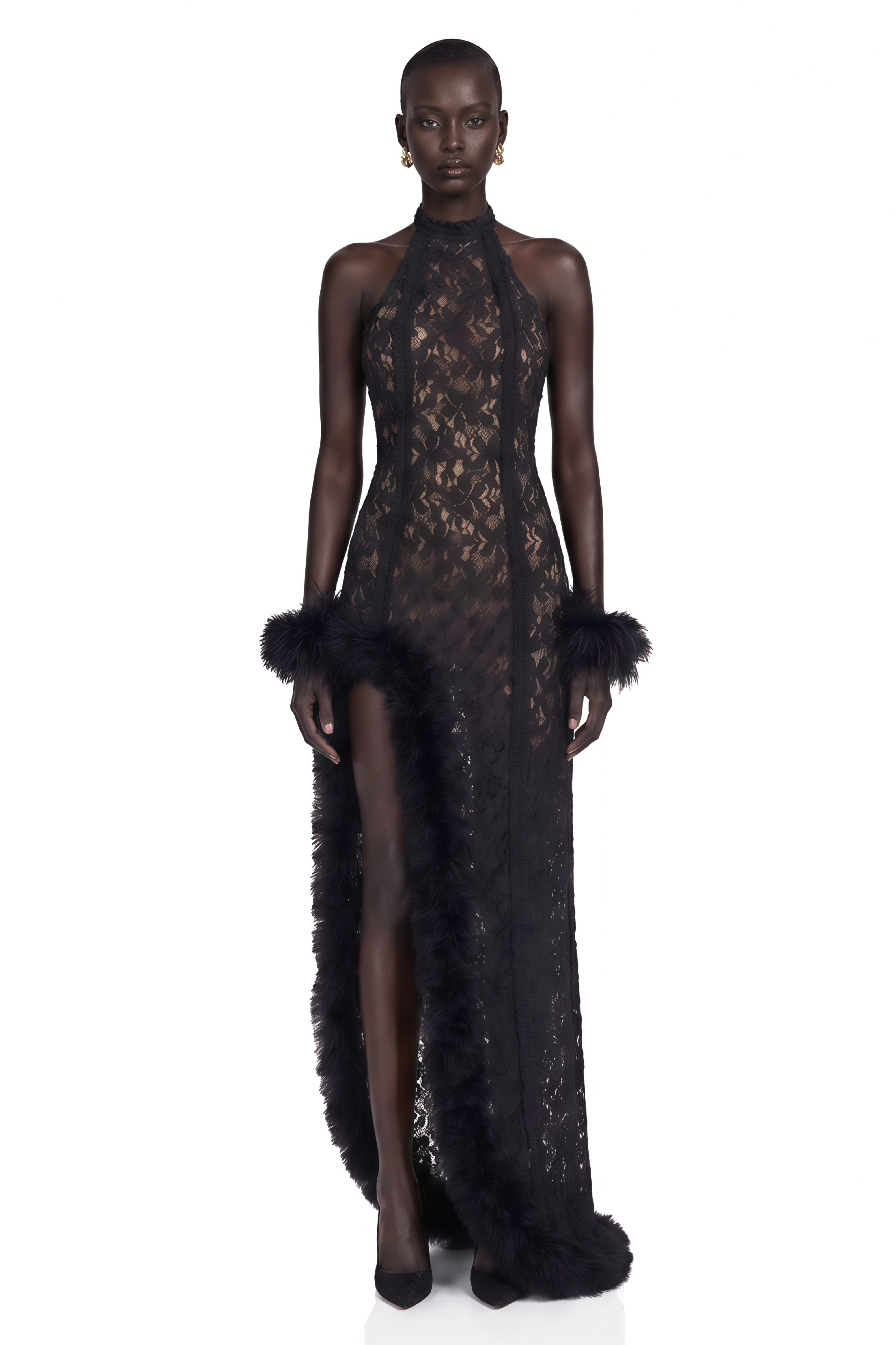 Margarida Black Lace Maxi Dress with Faux Fur Trim