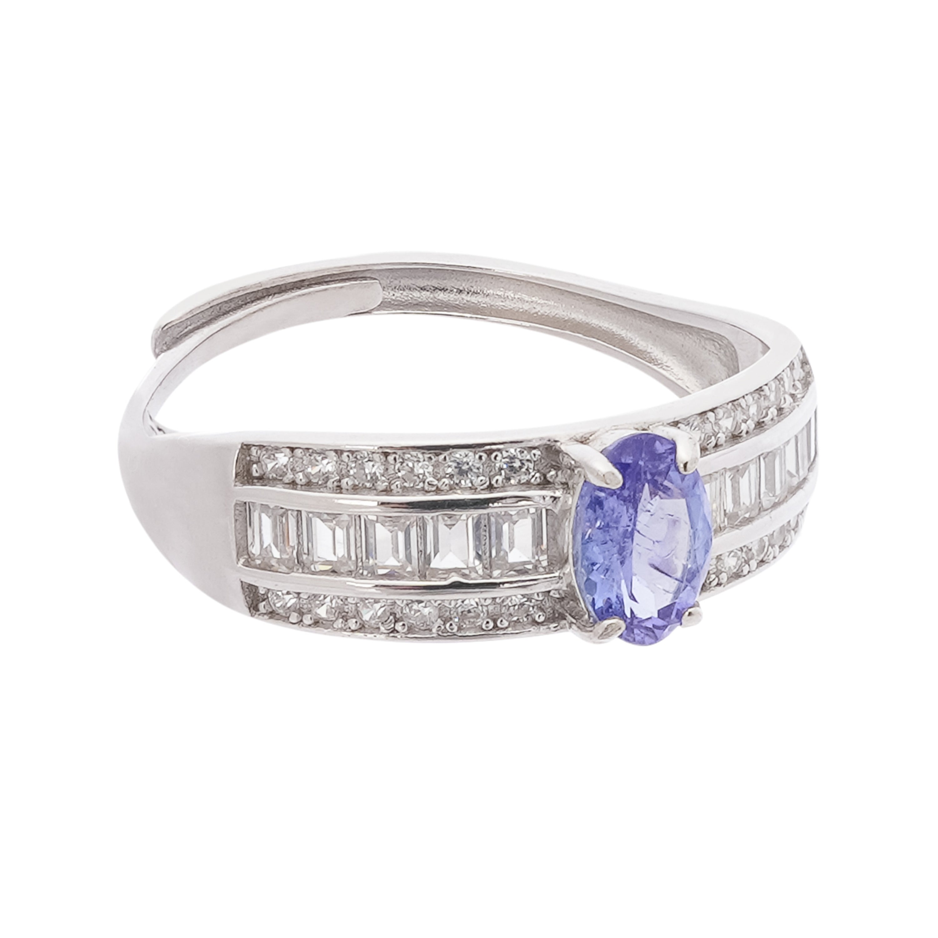 Margot Blue Tanzanite Oval Cut Baguette Pavé Crystal Sterling Silver Ring