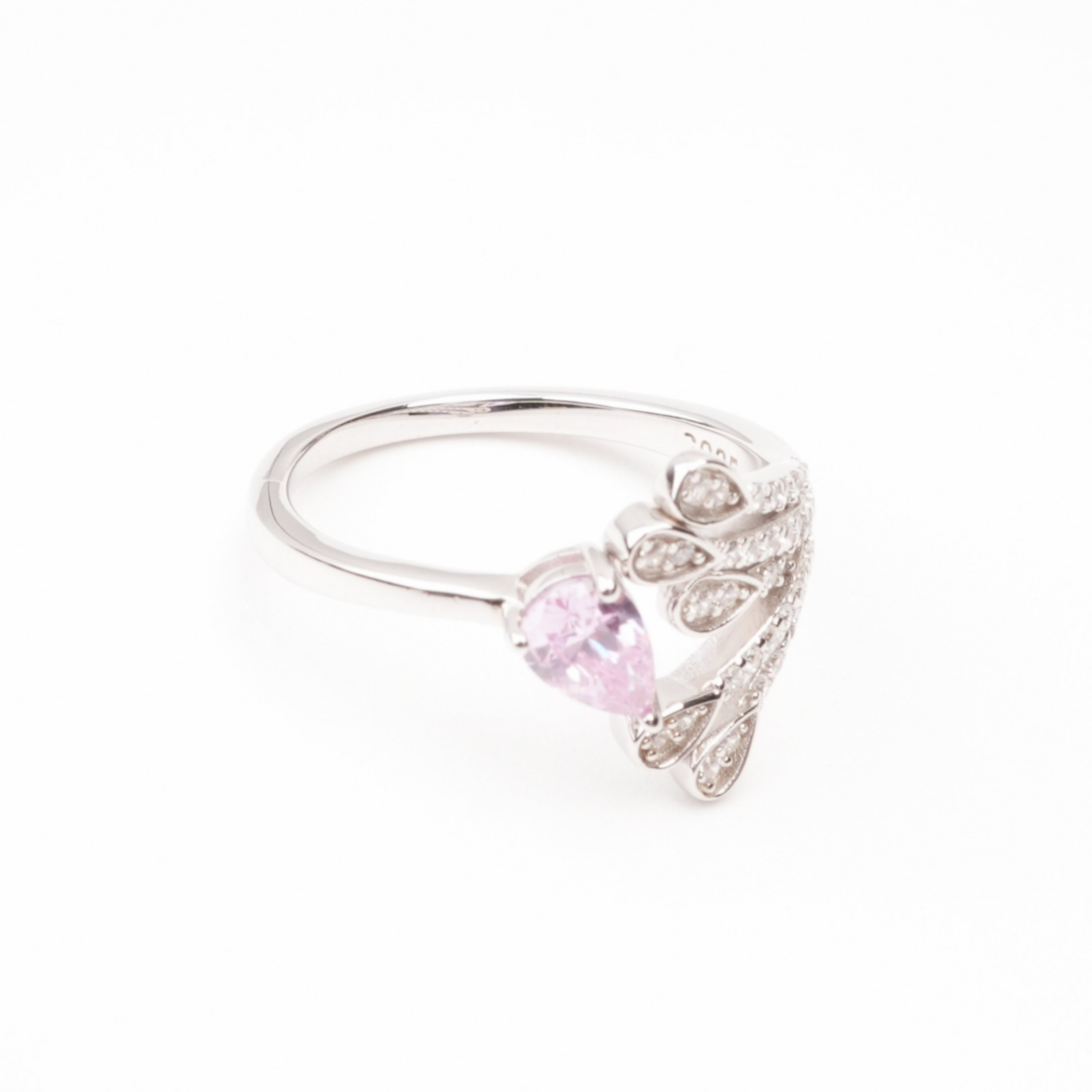 Marguerite Pink Pear Cut Gemstone Feather Crystal Sterling Silver Ring
