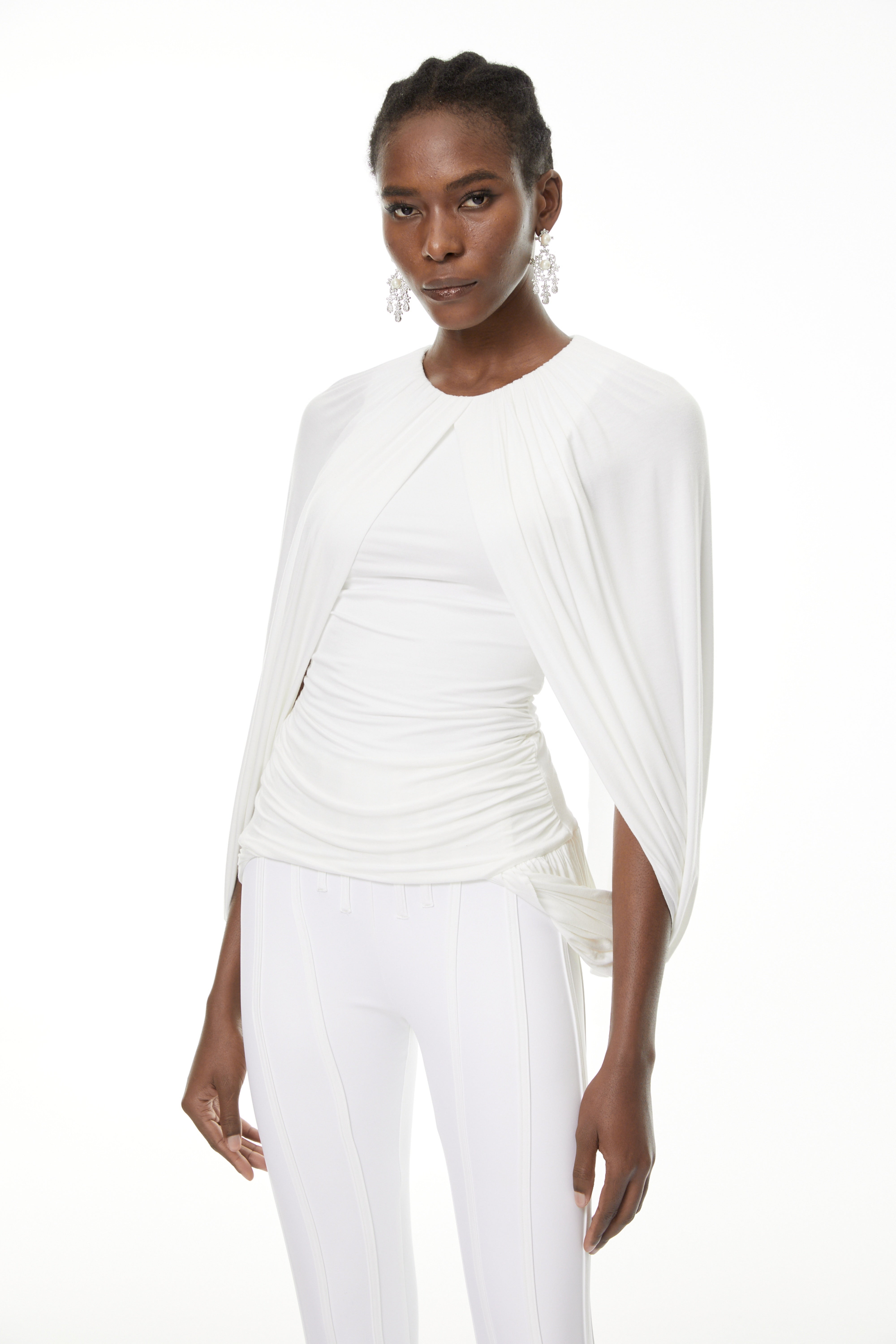 Marguerite White Ruched Cape Top