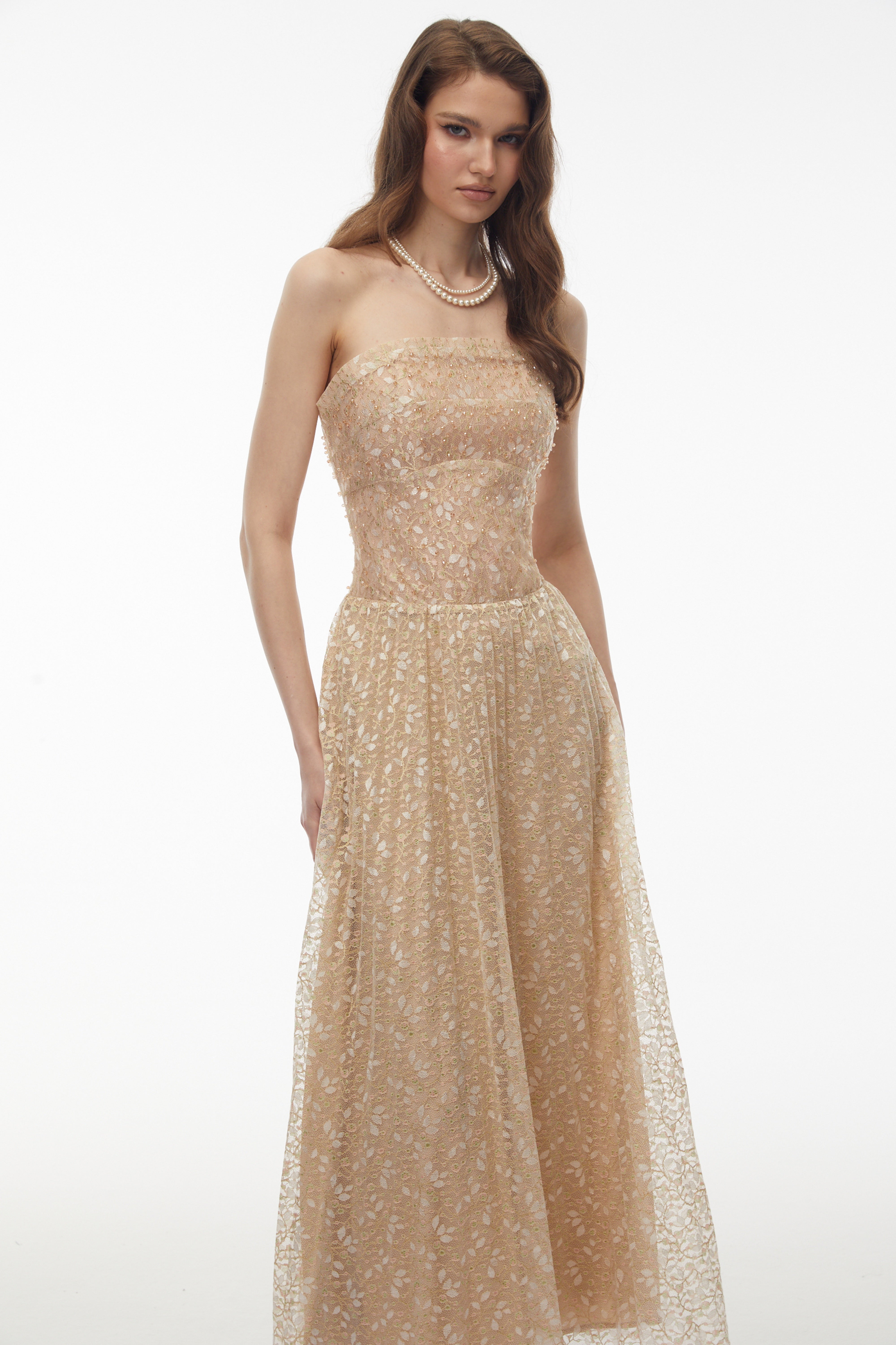 Maria Champagne – Maxikleid mit Pailletten und schulterfreiem Ausschnitt