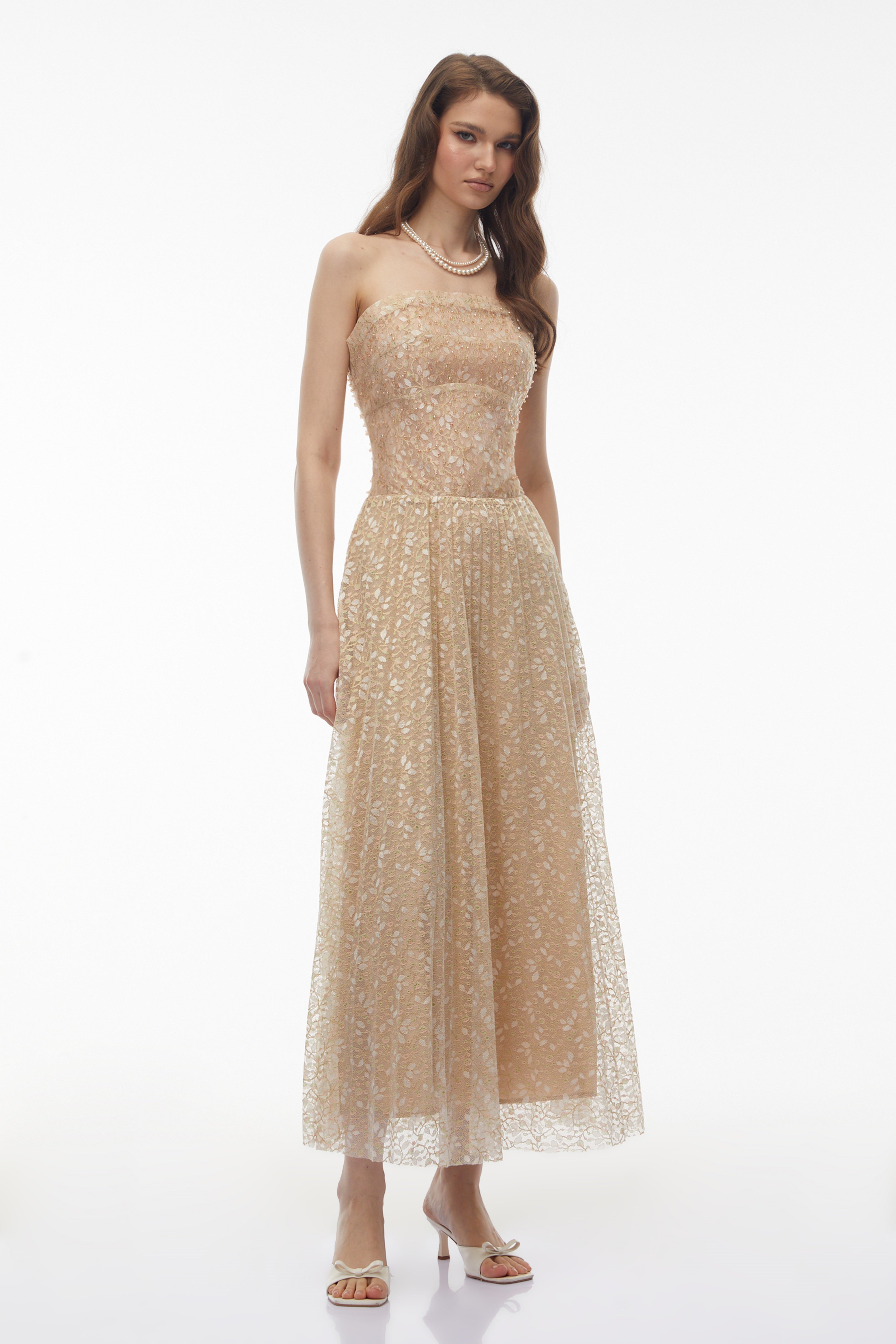 Maria Champagne – Maxikleid mit Pailletten und schulterfreiem Ausschnitt