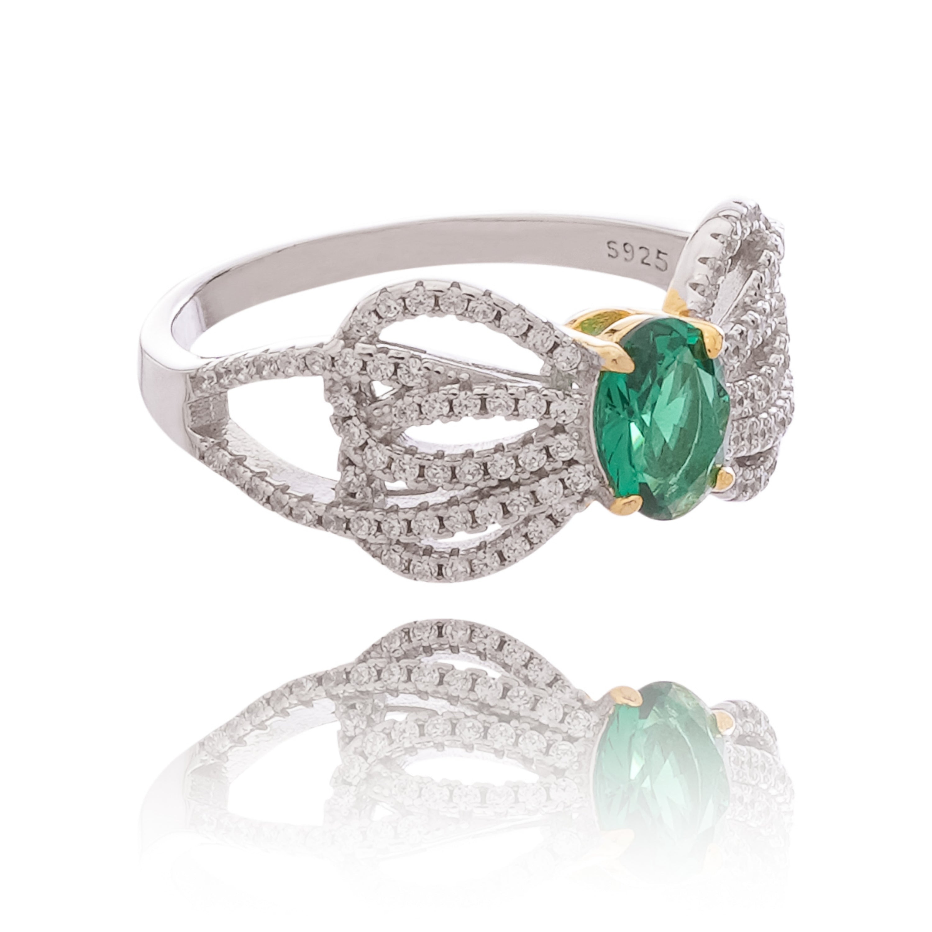 María Green Emerald Oval Cut Knot Crystal Two-Tone Sterling Silver Ring