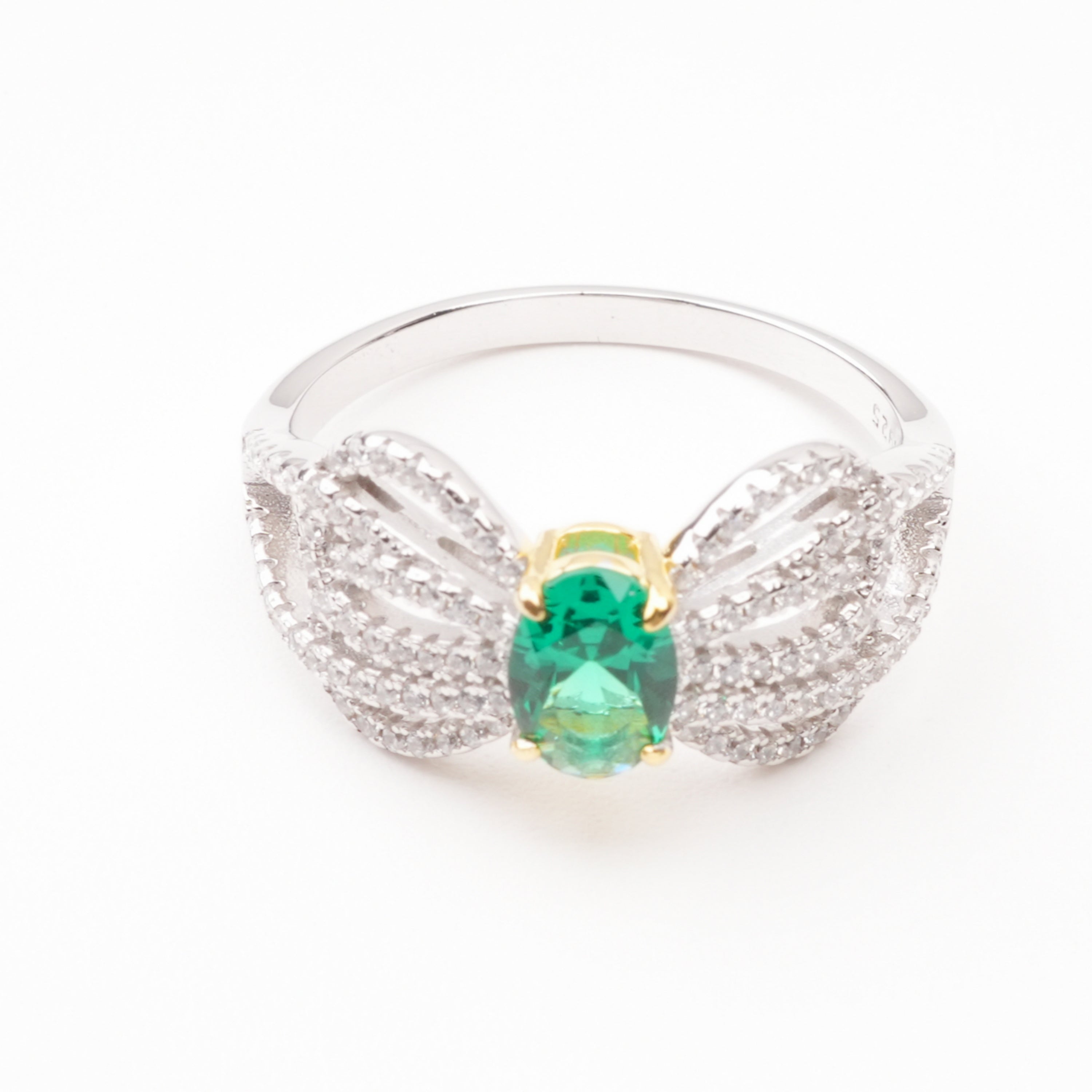 María Green Emerald Oval Cut Knot Crystal Two-Tone Sterling Silver Ring