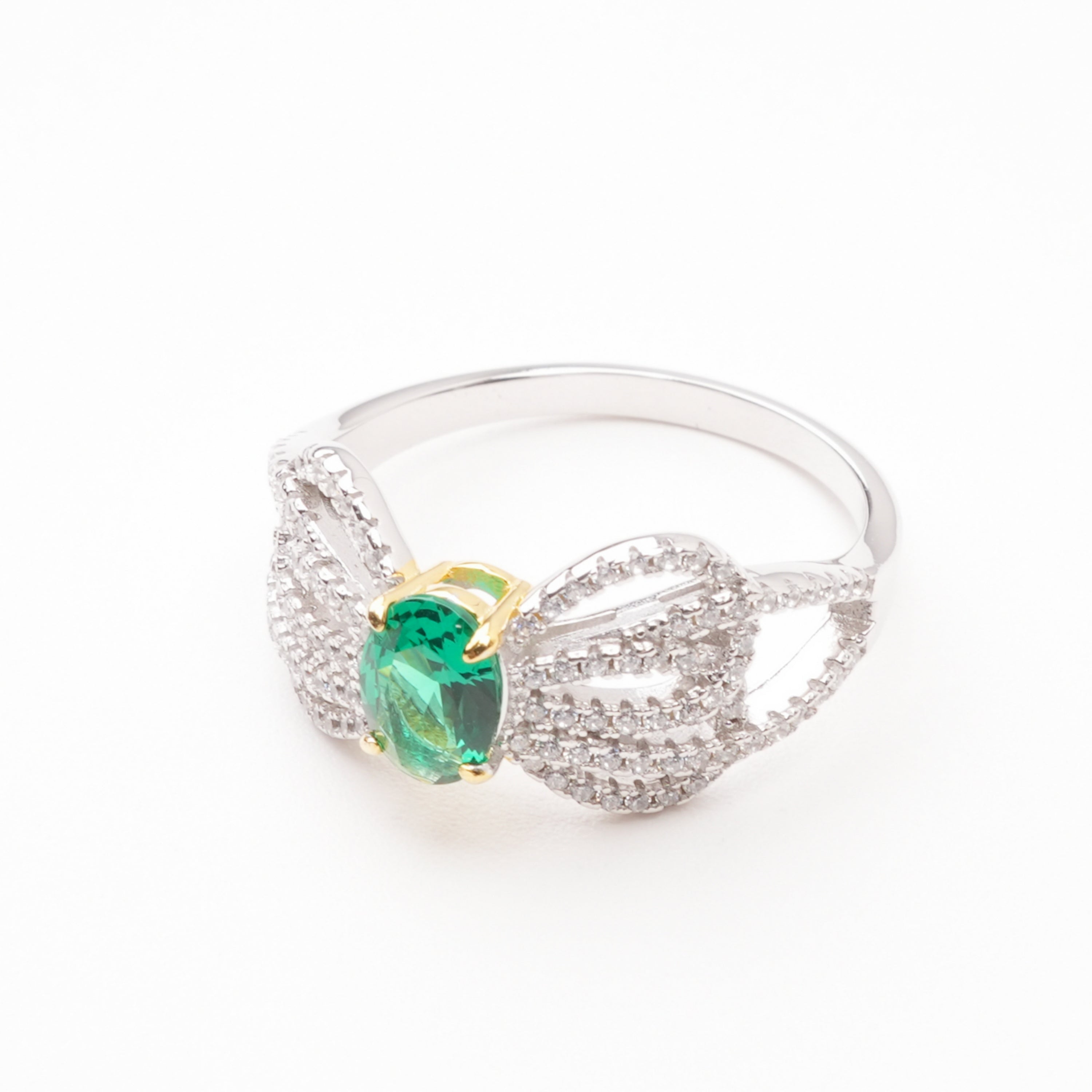 María Green Emerald Oval Cut Knot Crystal Two-Tone Sterling Silver Ring