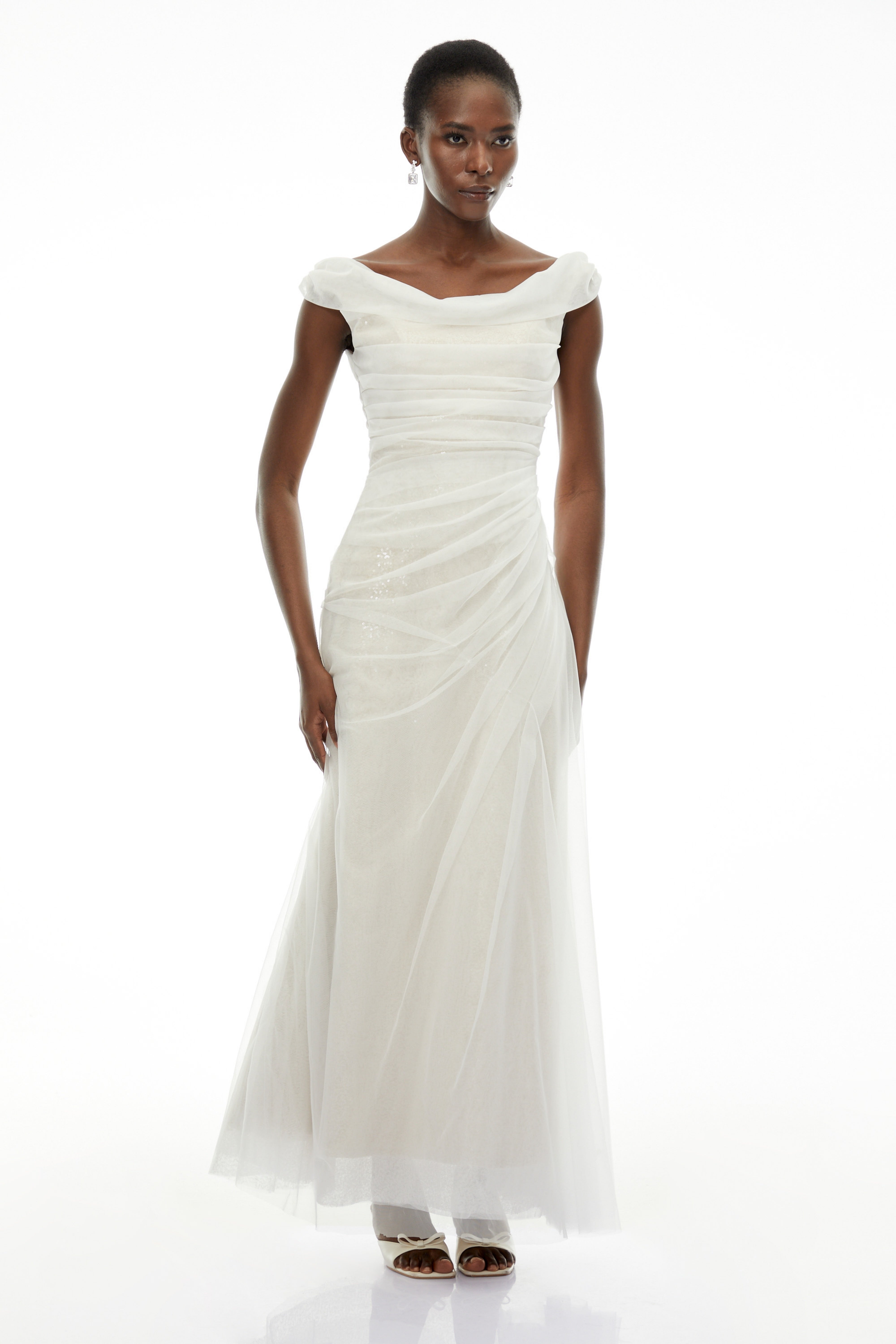 Maria White Off Shoulder Ruched Fishtail Maxi Dress
