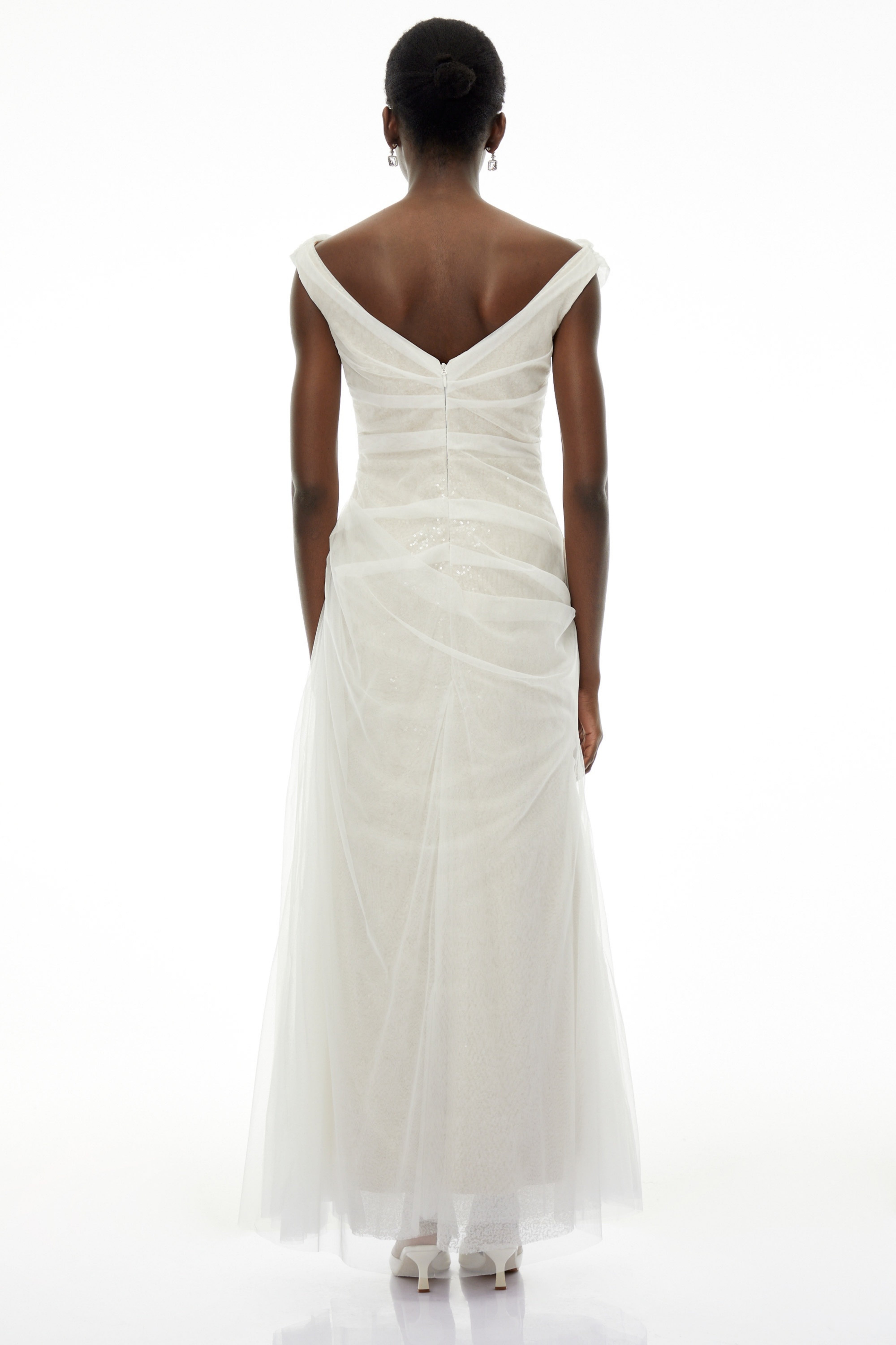 Maria White Off Shoulder Ruched Fishtail Maxi Dress