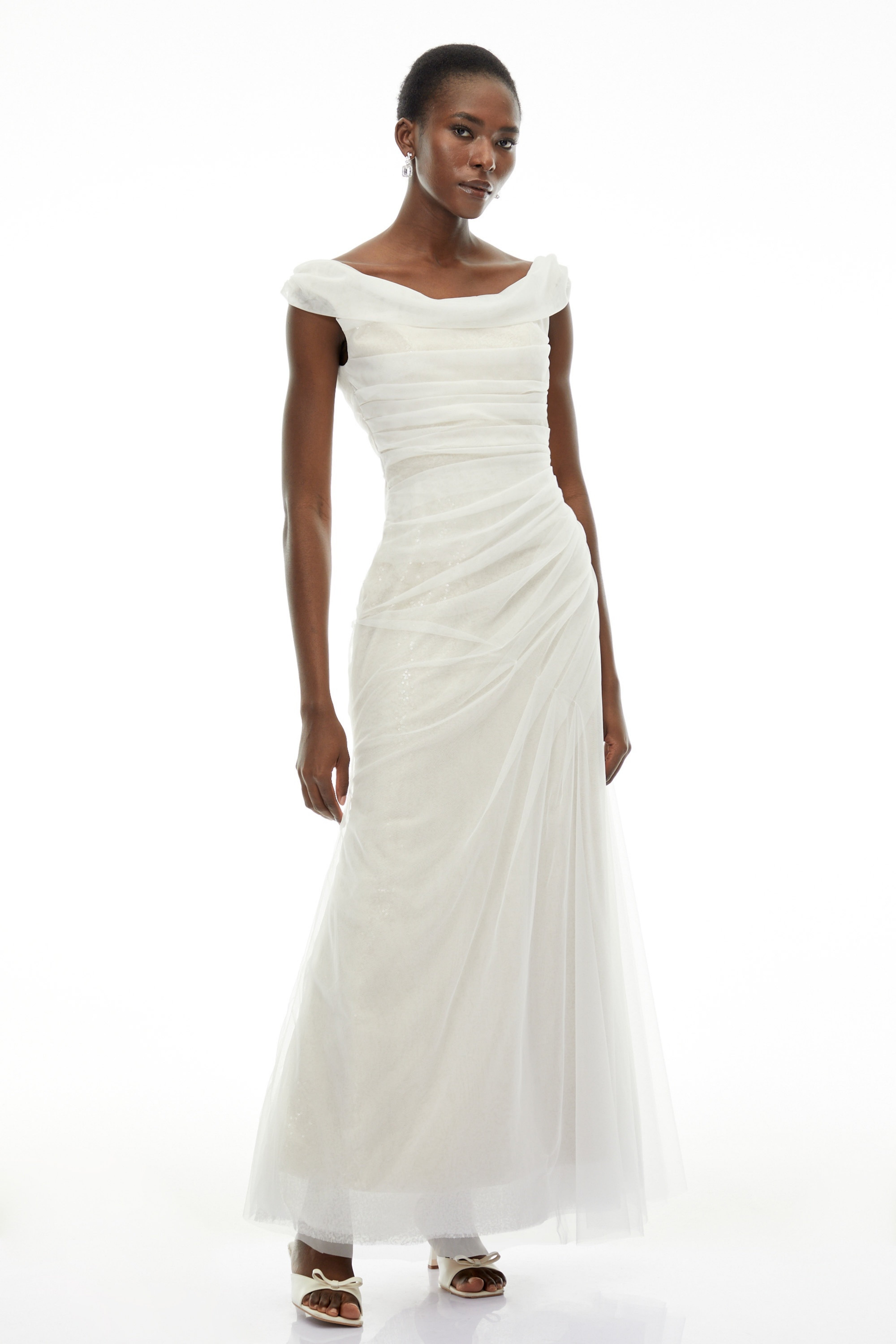 Maria White Off Shoulder Ruched Fishtail Maxi Dress