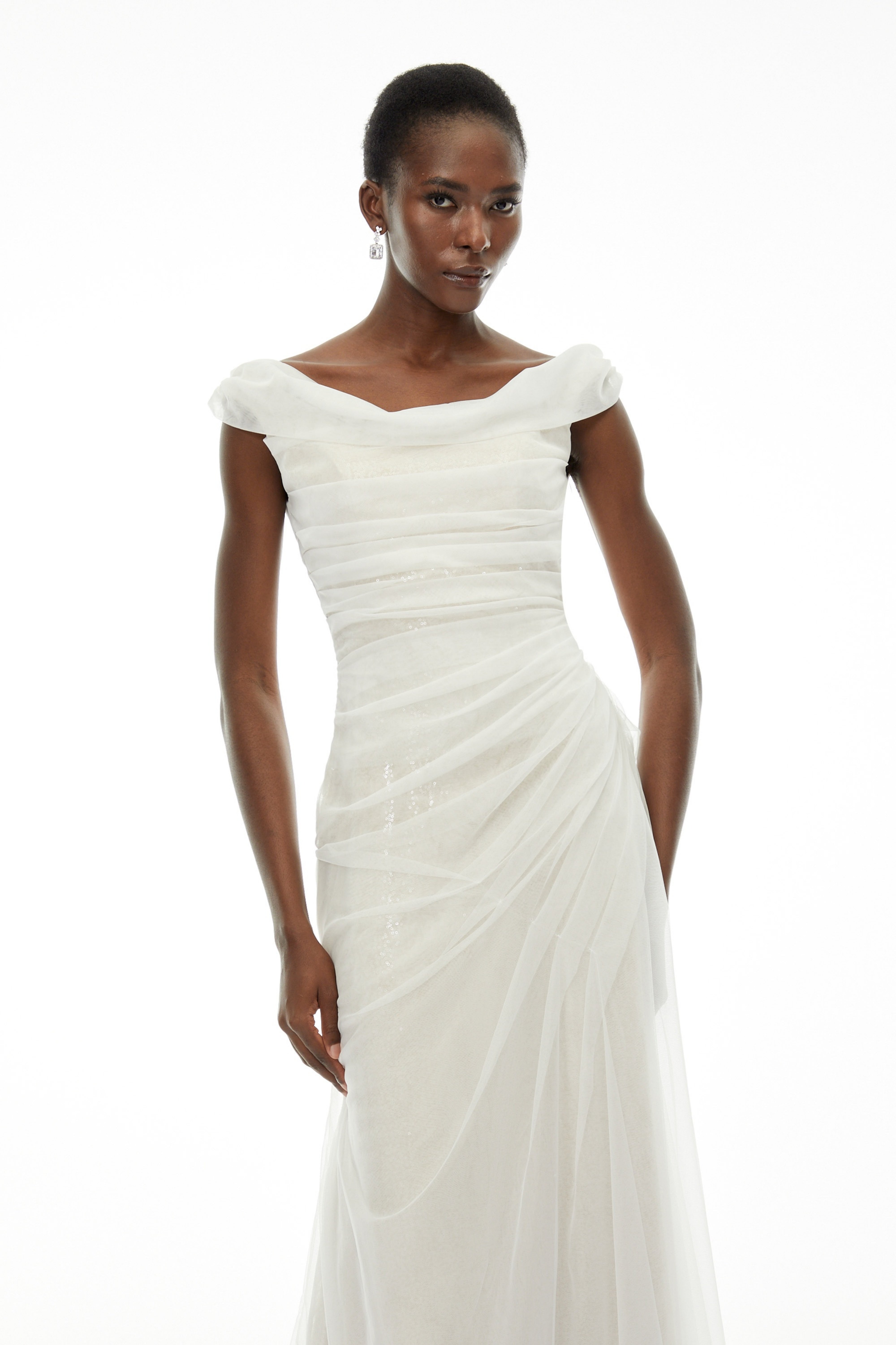 Maria White Off Shoulder Ruched Fishtail Maxi Dress