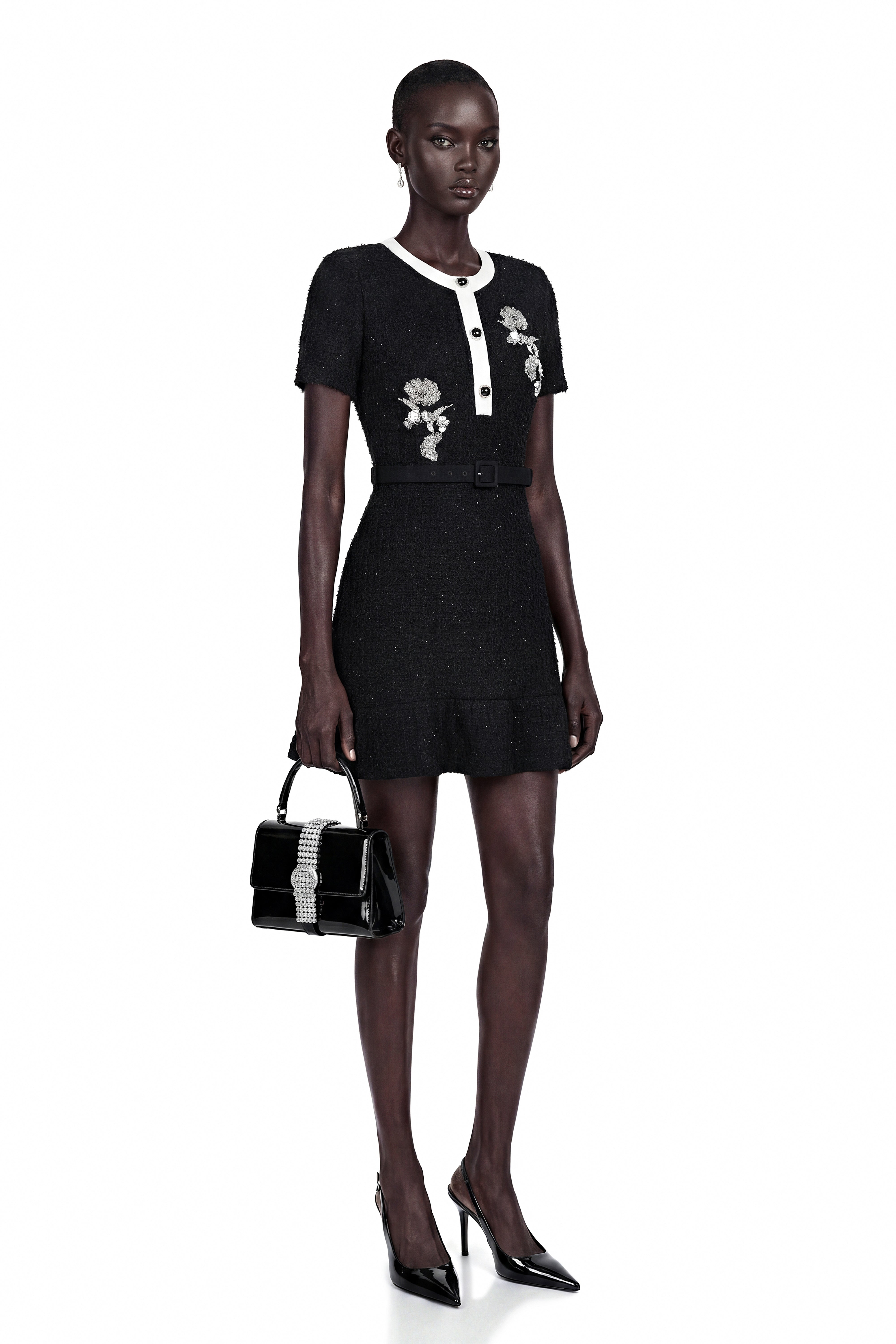 Marianne Black Sequin Embroidered Knit Mini Dress